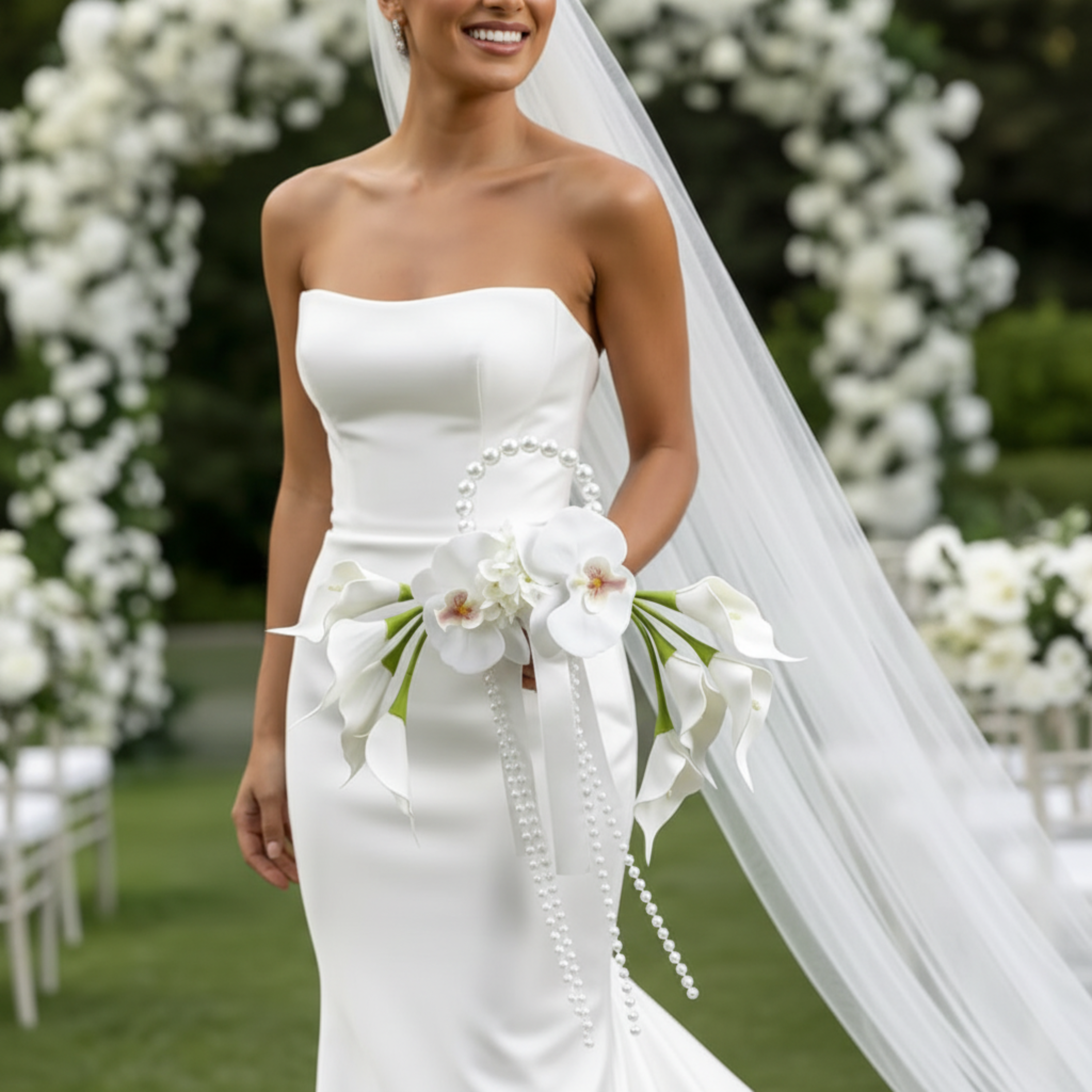 White Calla Lily & Orchid Pearl Wedding Bouquet