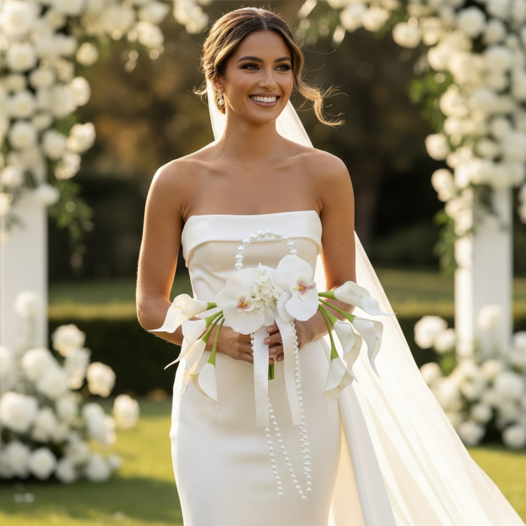 White Calla Lily & Orchid Pearl Wedding Bouquet