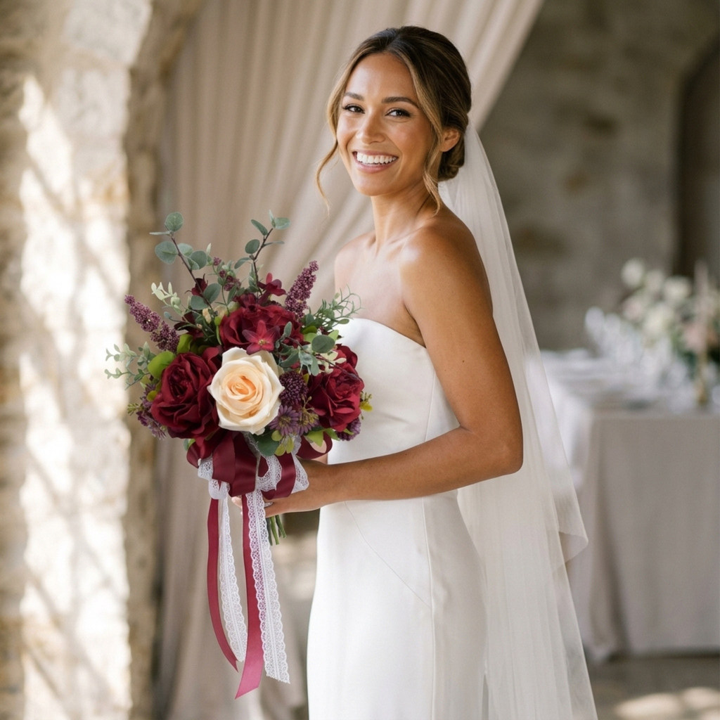 Burgundy Bridal Bouquet | Cascading Faux Wedding Bouquet