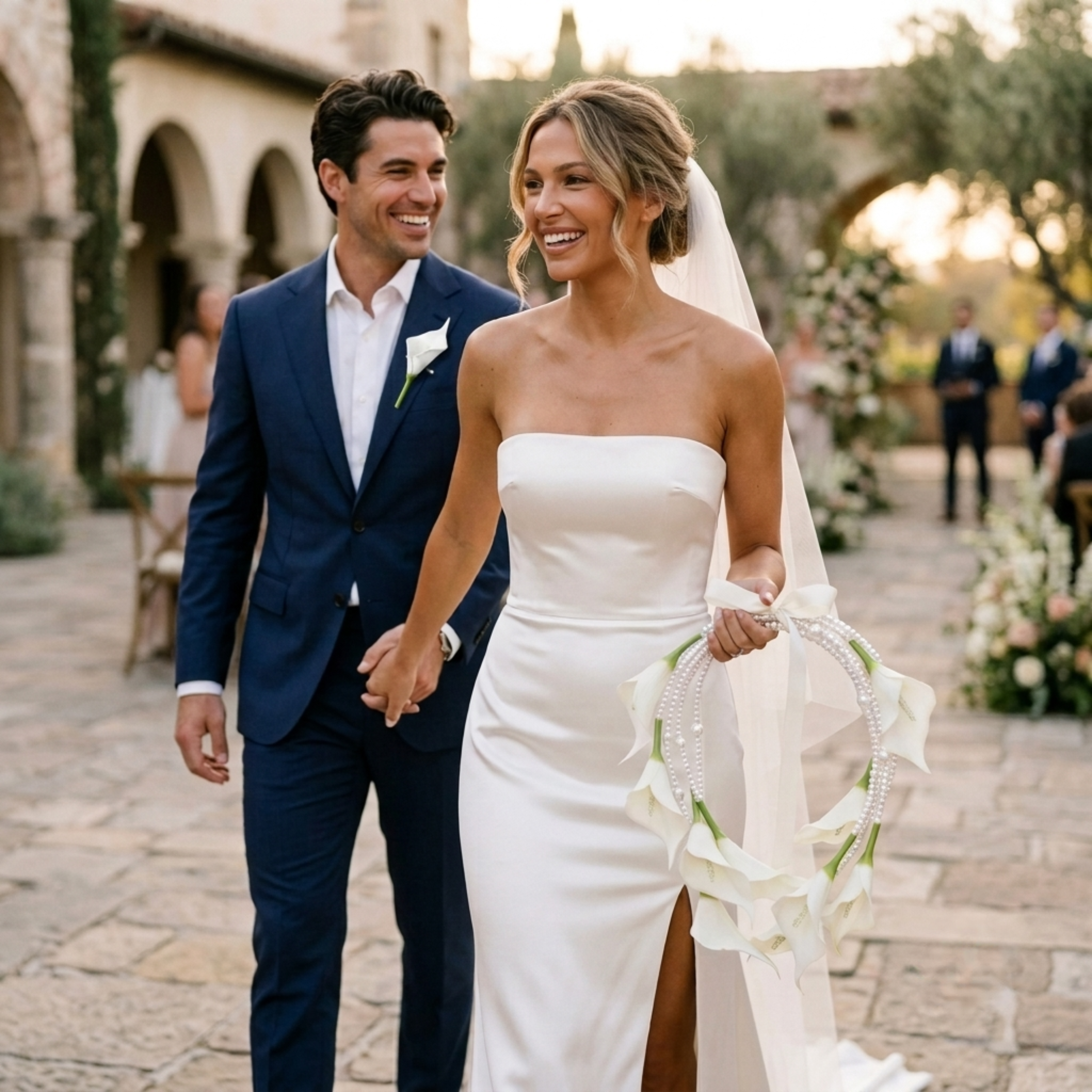 Bride and groom walking together with elegant white calla lily bridal bouquet
