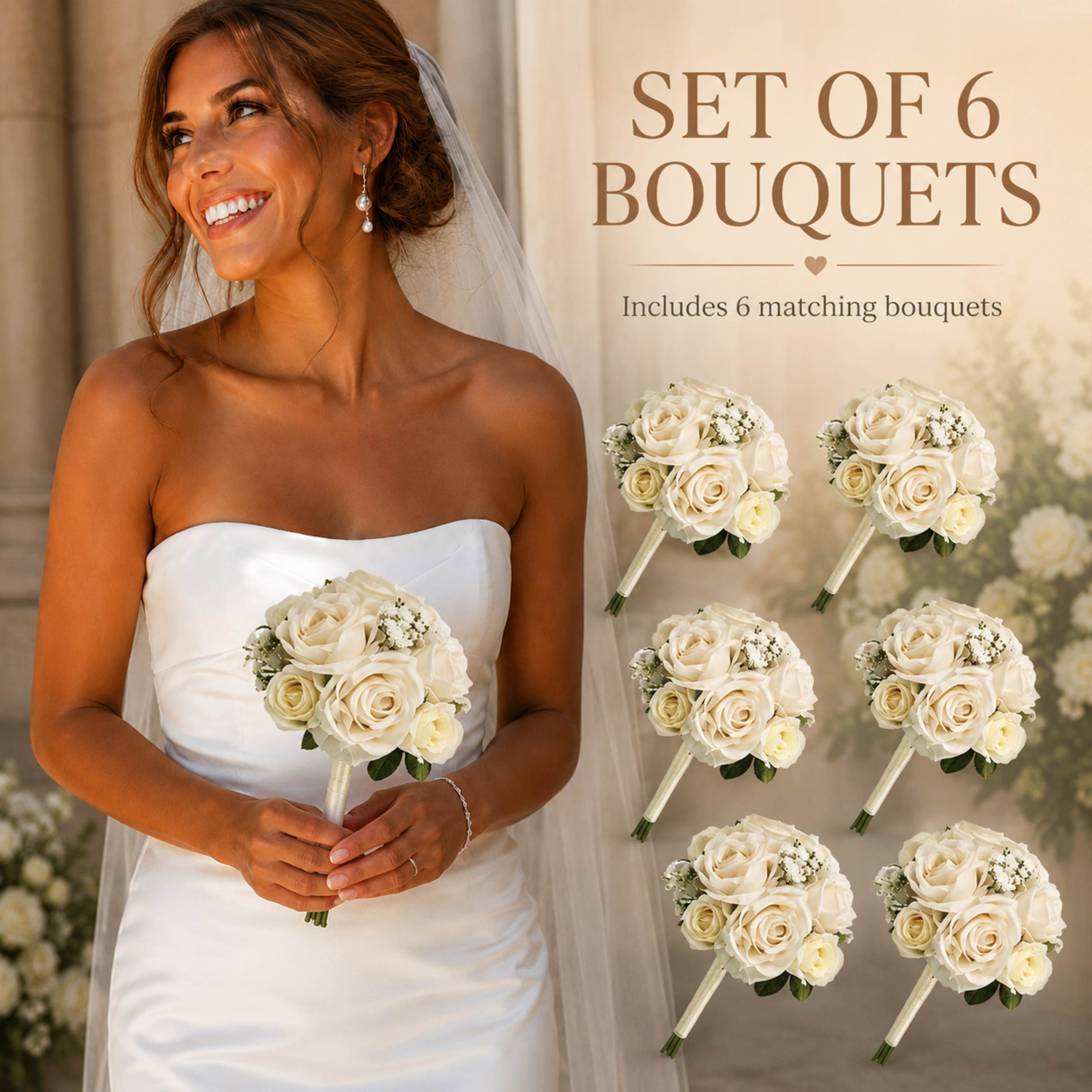 Champagne wedding bouquet set of 6 with matching bridesmaid bouquets