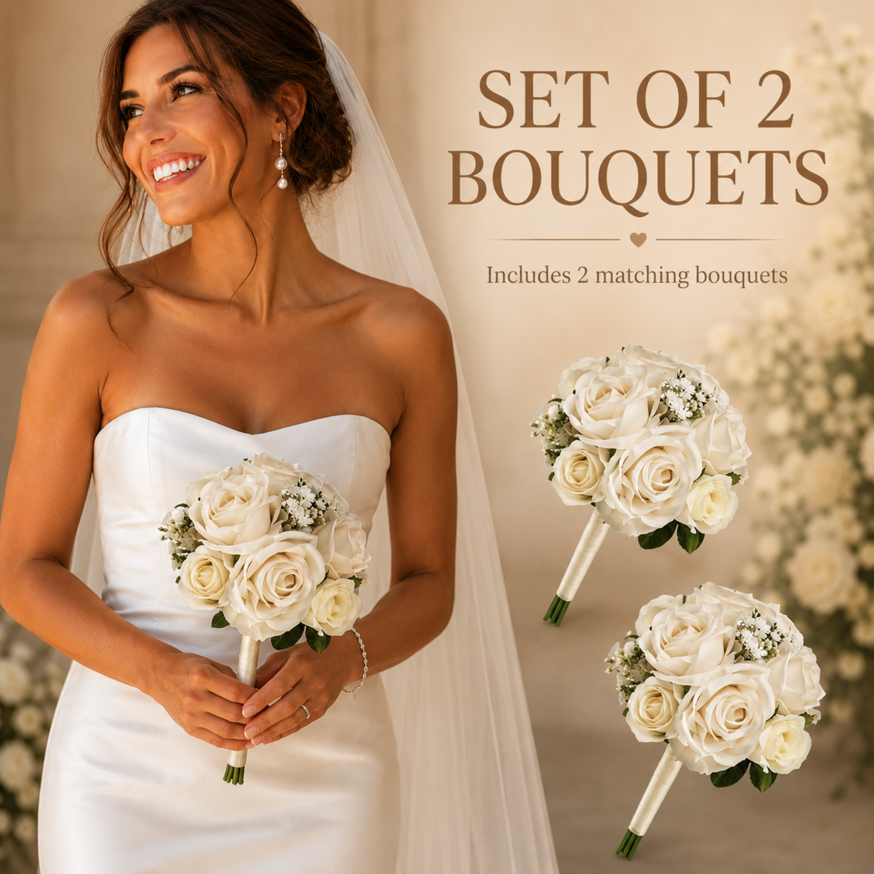 Champagne wedding bouquet set of 2 for bridesmaids or bridal party flowers