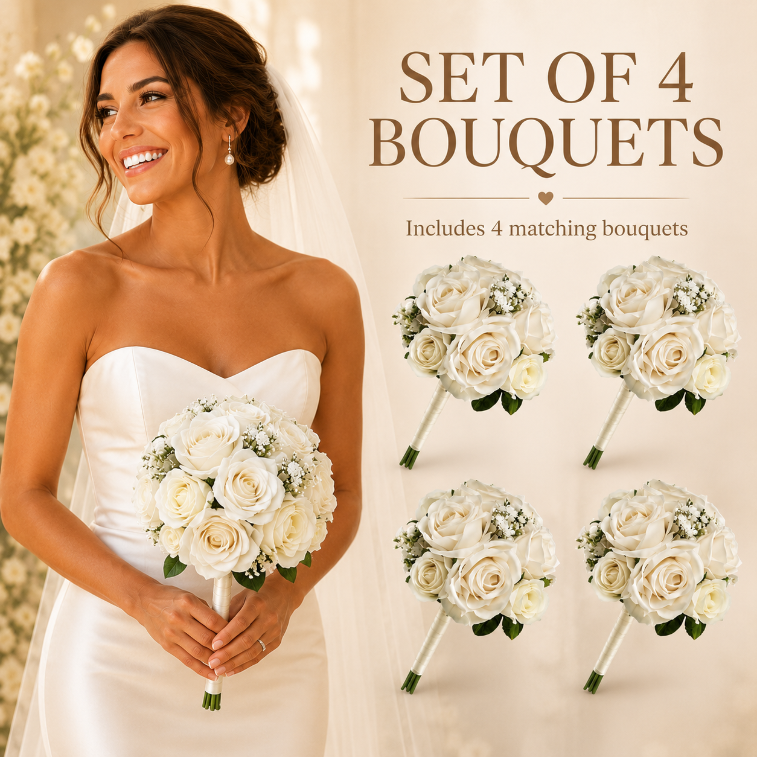 Champagne wedding bouquet set of 4 with artificial roses and baby’s breath
