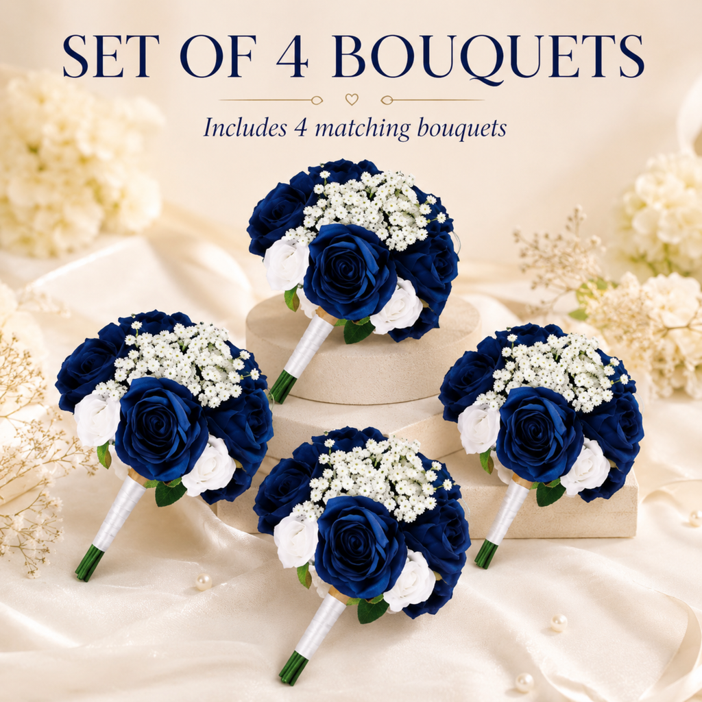 Navy Blue & White Wedding Bouquet Set