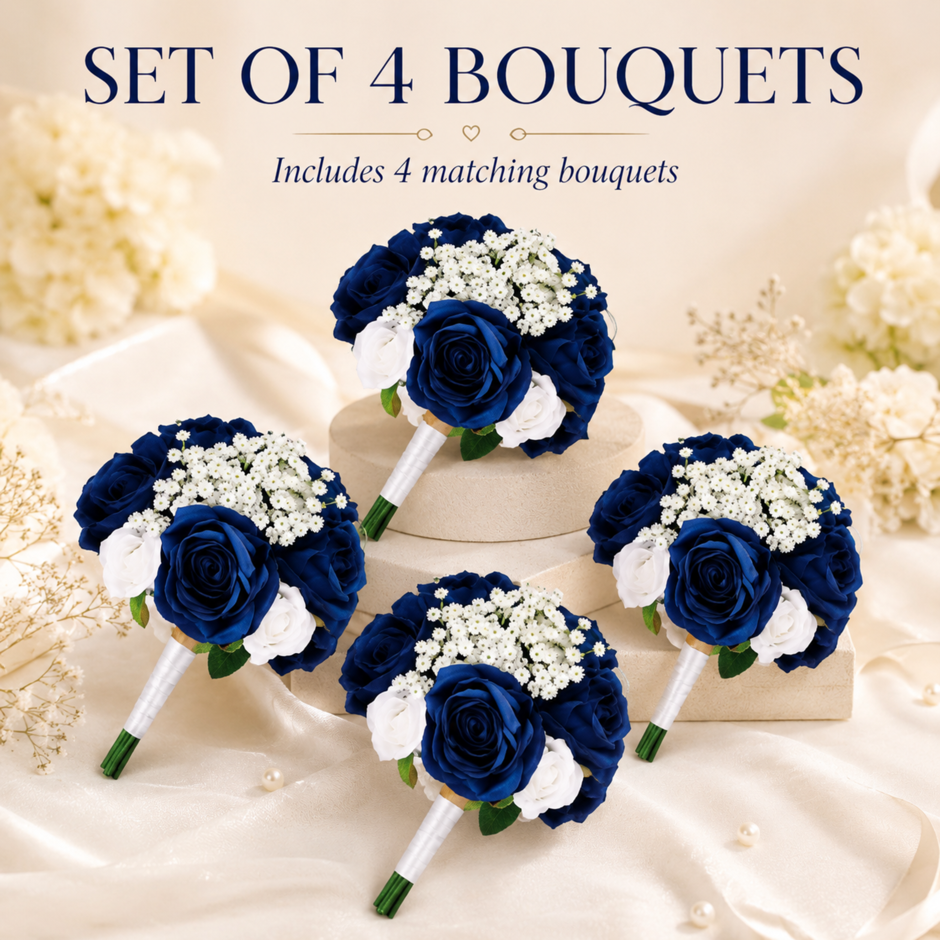Navy Blue & White Wedding Bouquet Set