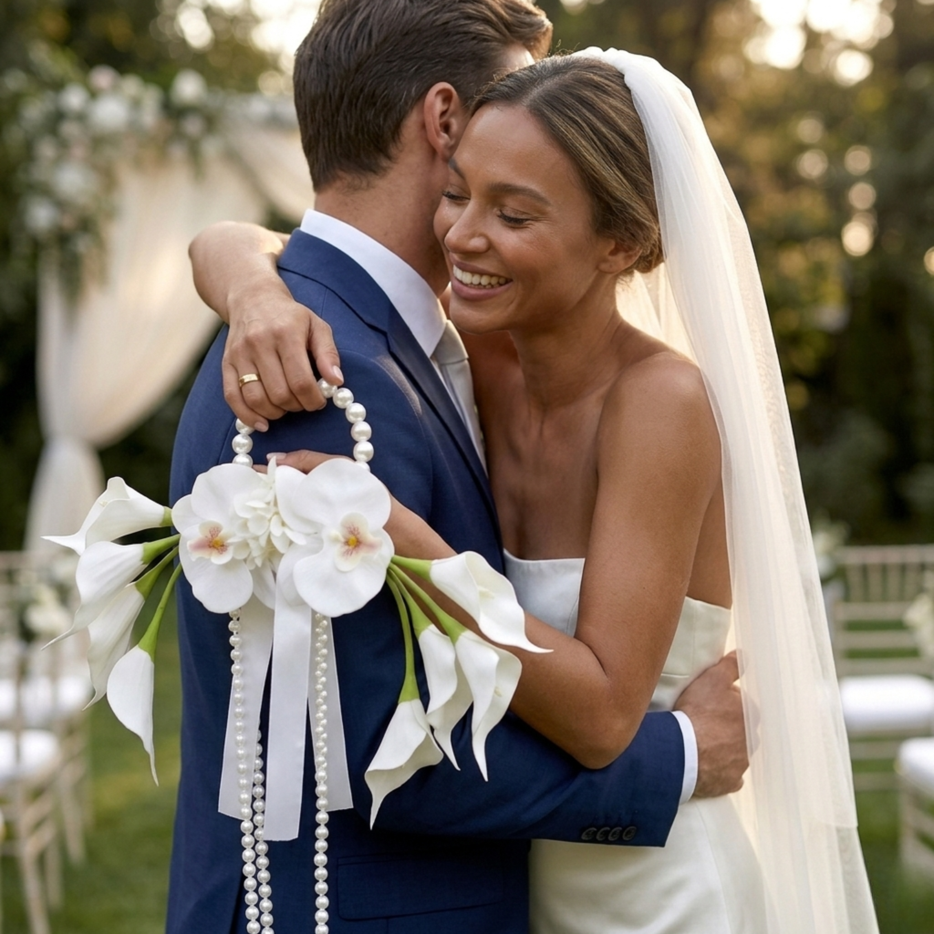 White Calla Lily & Orchid Pearl Wedding Bouquet