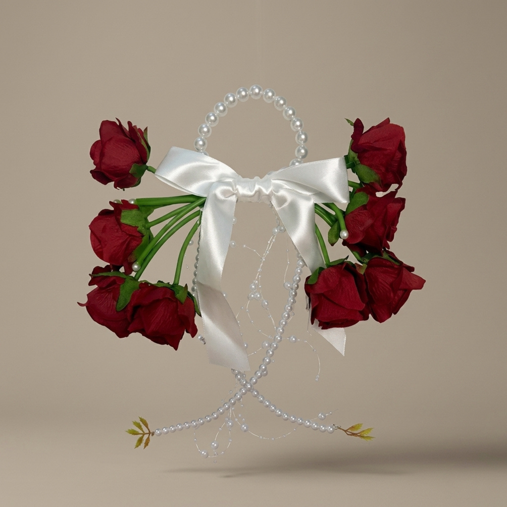 Burgundy Rose Pearl Hoop Bridal Bouquet with Satin Bow