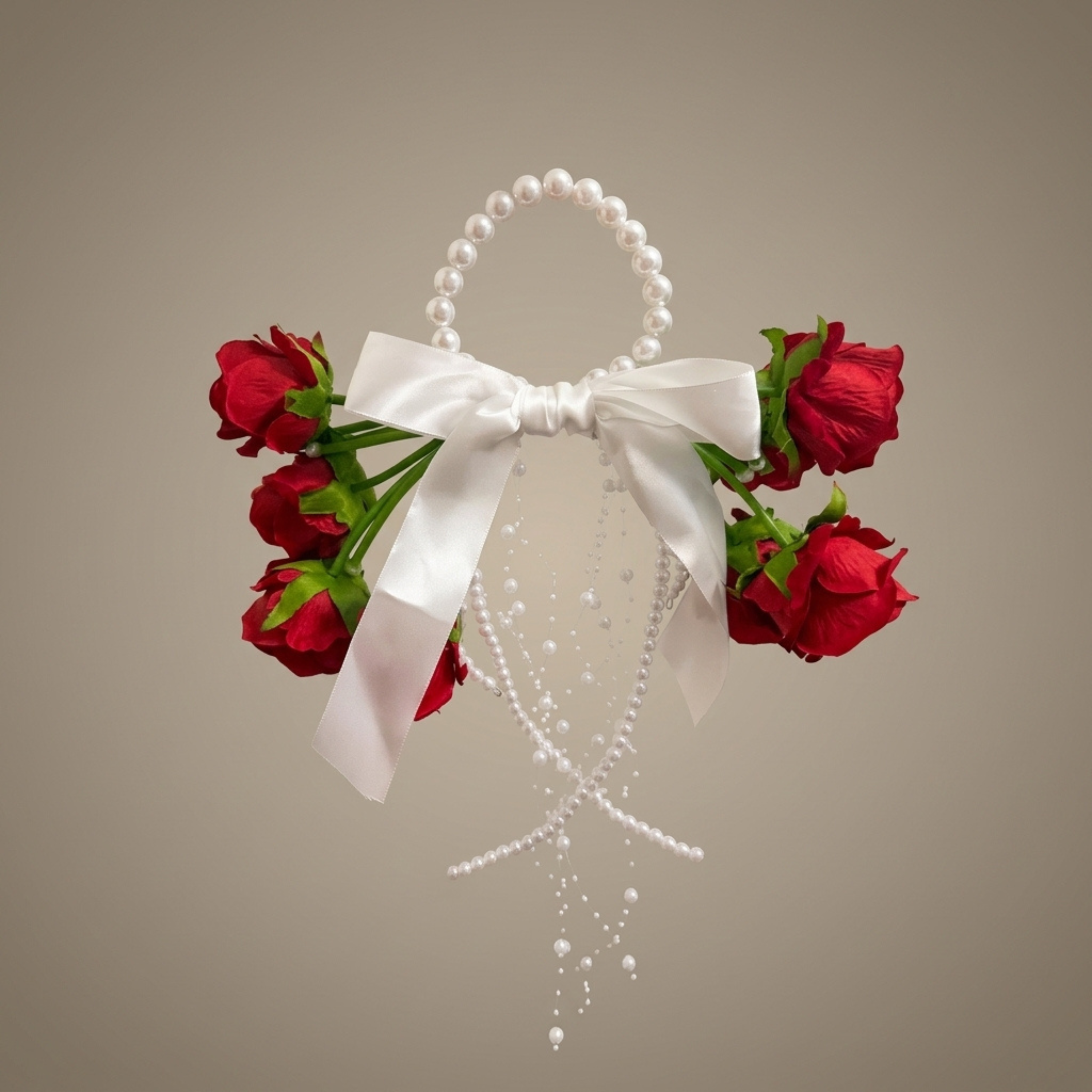 Burgundy Rose Pearl Hoop Bridal Bouquet with Satin Bow