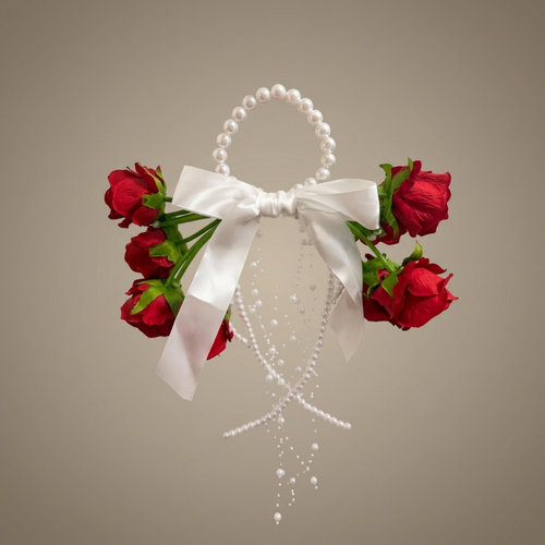 Burgundy rose hoop bouquet with a pearl bead handle, white satin bow and hanging pearl strands