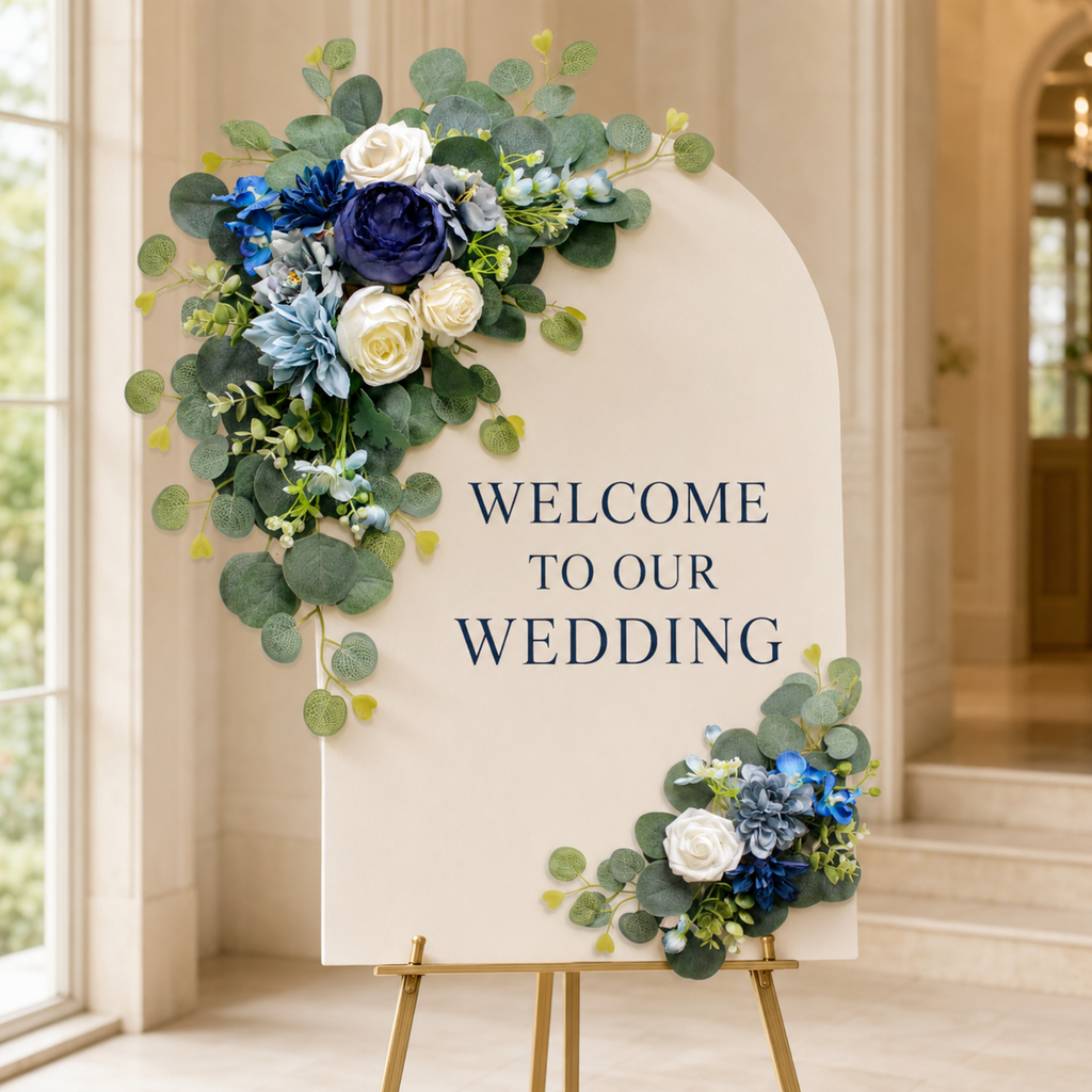 Blue and white wedding arch flower swags set of two