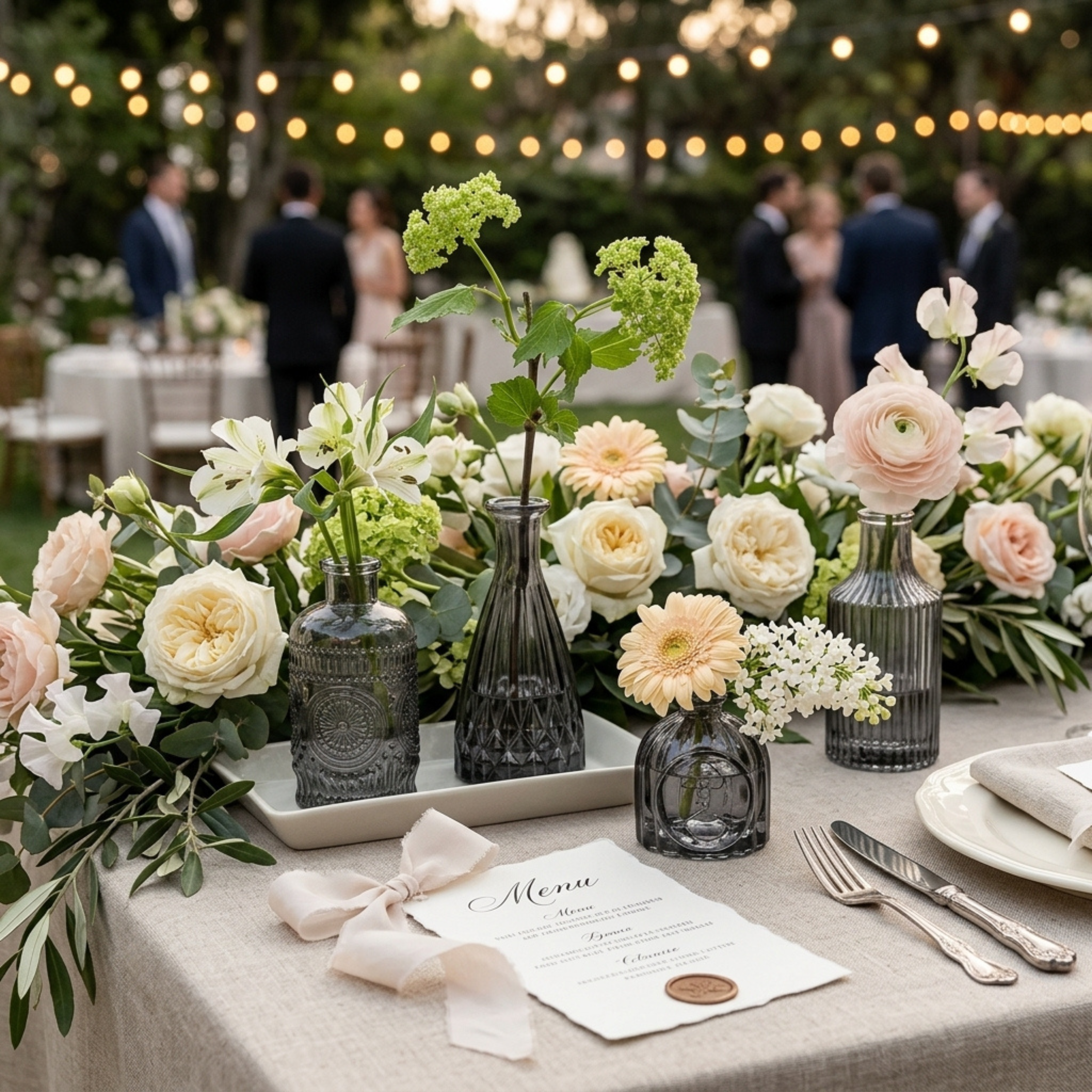 Vintage black glass vases with cream flowers and greenery at an evening reception
