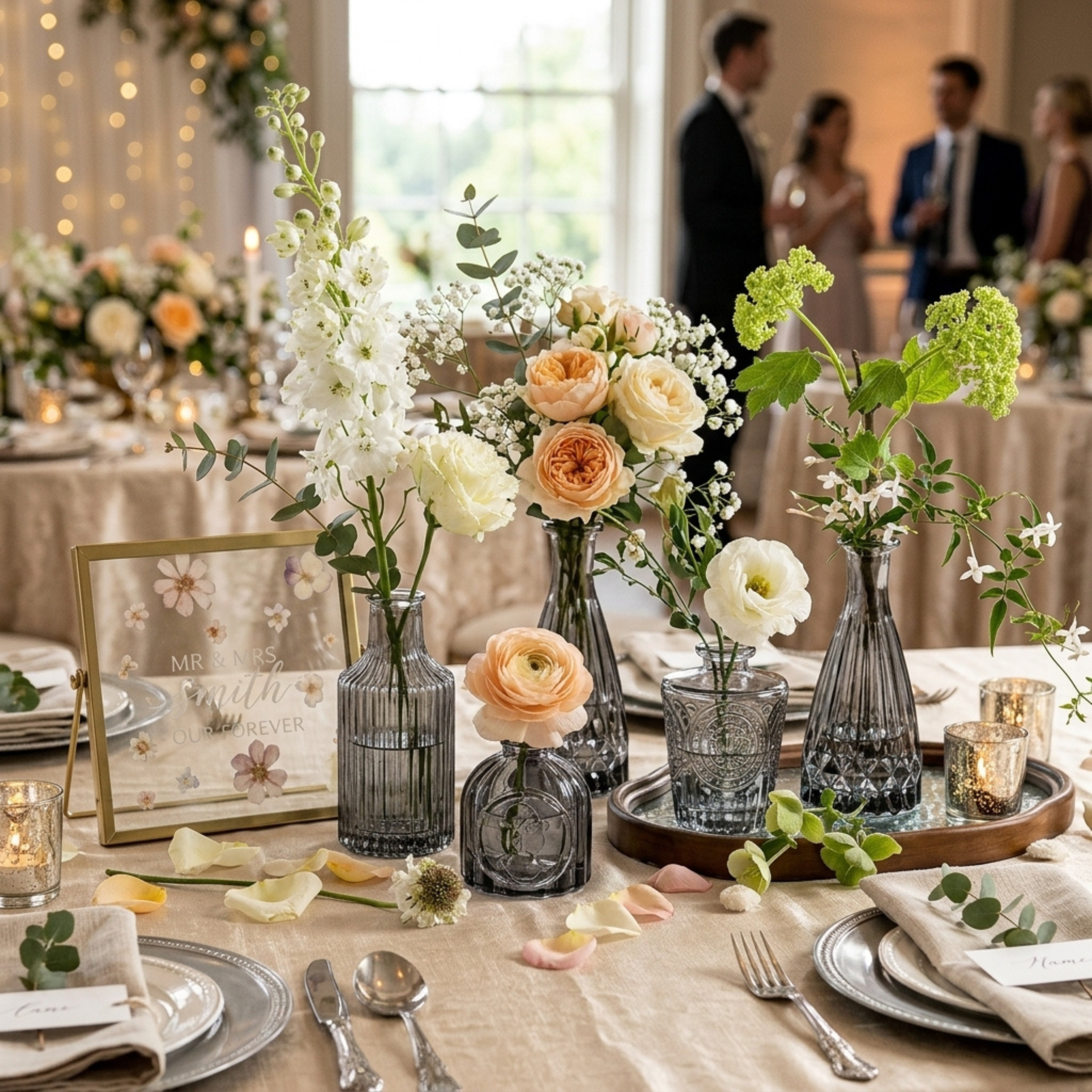 Black mini bud vases with peach and white flowers on a romantic event table
