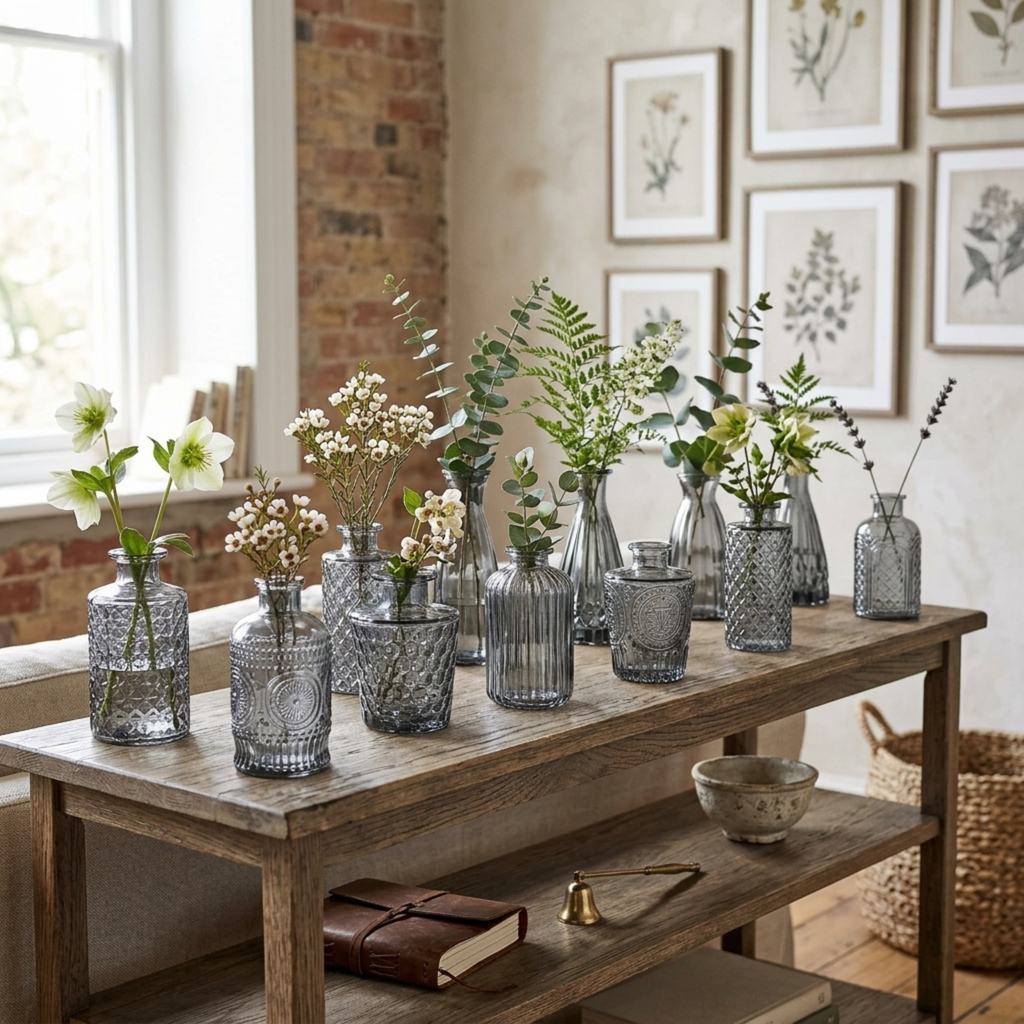 Vintage black flower vase collection styled with greenery on a wooden console table
