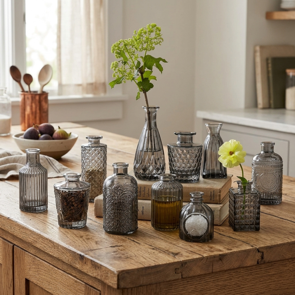 Assorted black glass bud vases with simple flower stems displayed on a kitchen island