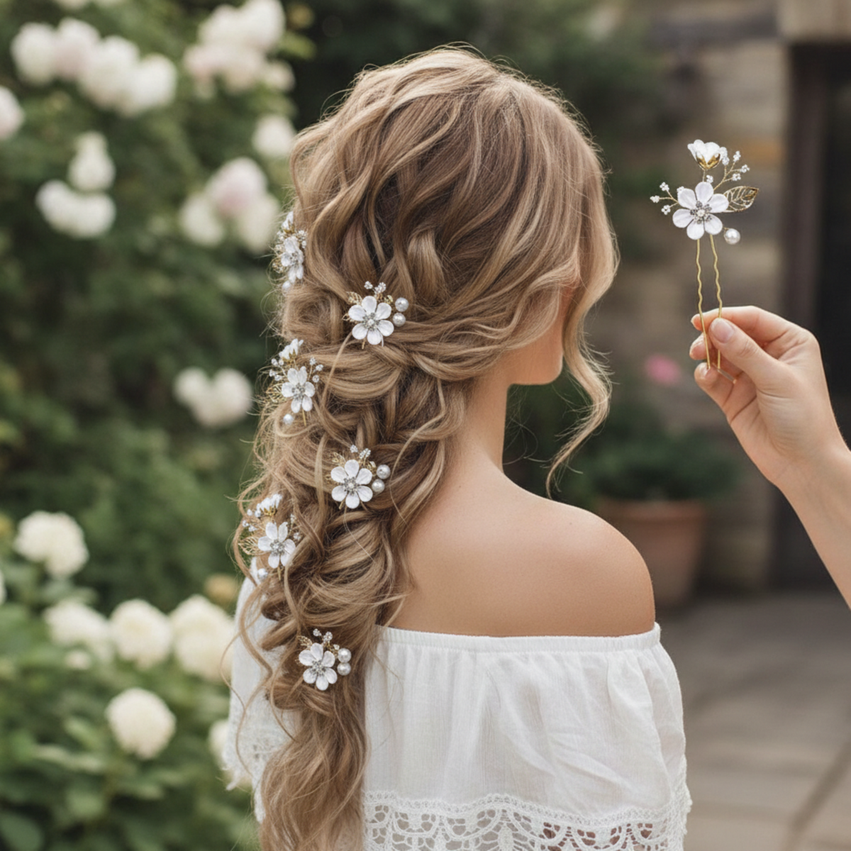 Pearl Flower Bridal Hair Pins Set of 6, Gold Wedding Braid Pins