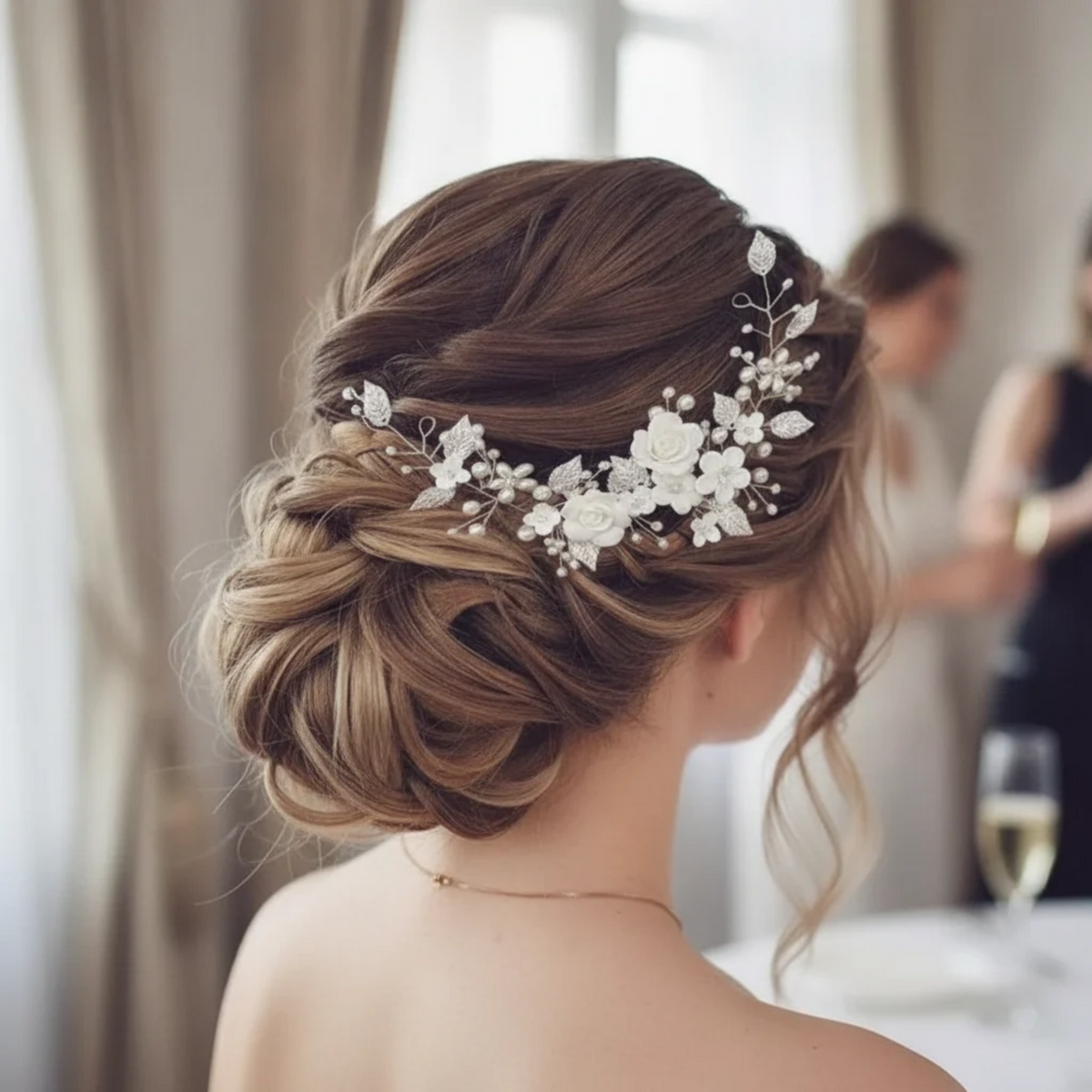 Pearl Flower Bridal Hair Vine, Silver Leaf Wedding Hair Piece