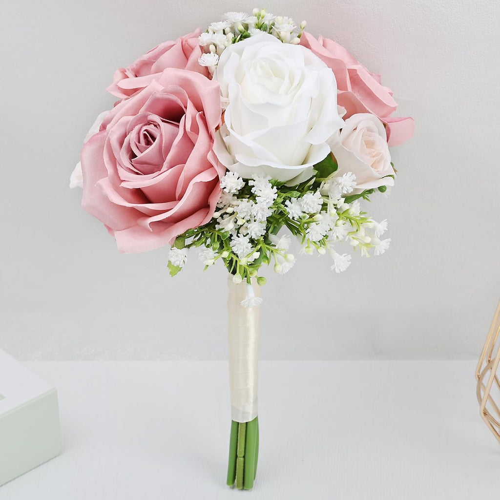 Wedding Bridesmaid Bouquets Set of 6, Artificial Silk Flowers Arrangement for Ceremony Marriage Proposal Party Anniversary Decorations - Dusty Pink & White