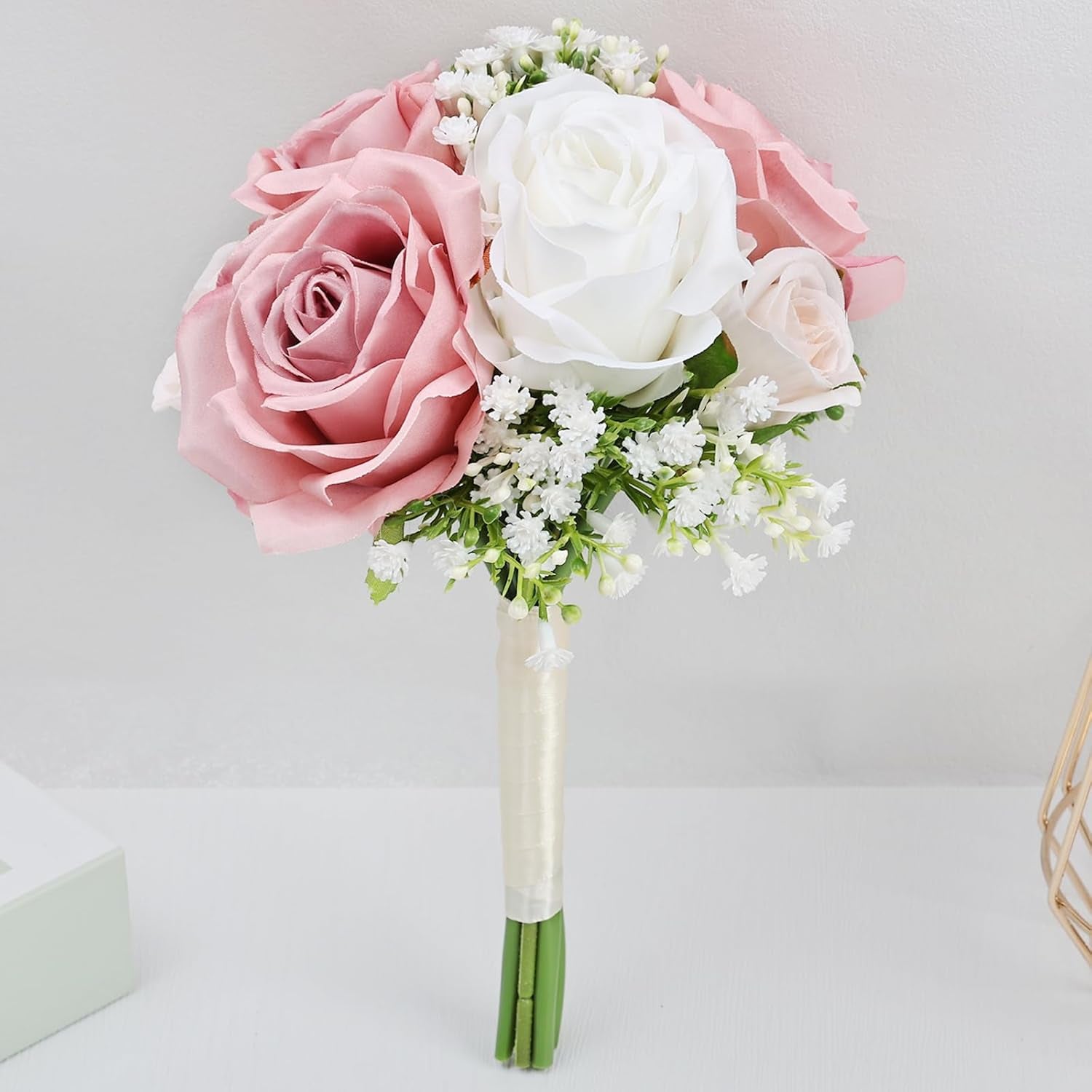 Wedding Bridesmaid Bouquets Set of 6, Artificial Silk Flowers Arrangement for Ceremony Marriage Proposal Party Anniversary Decorations - Dusty Pink & White