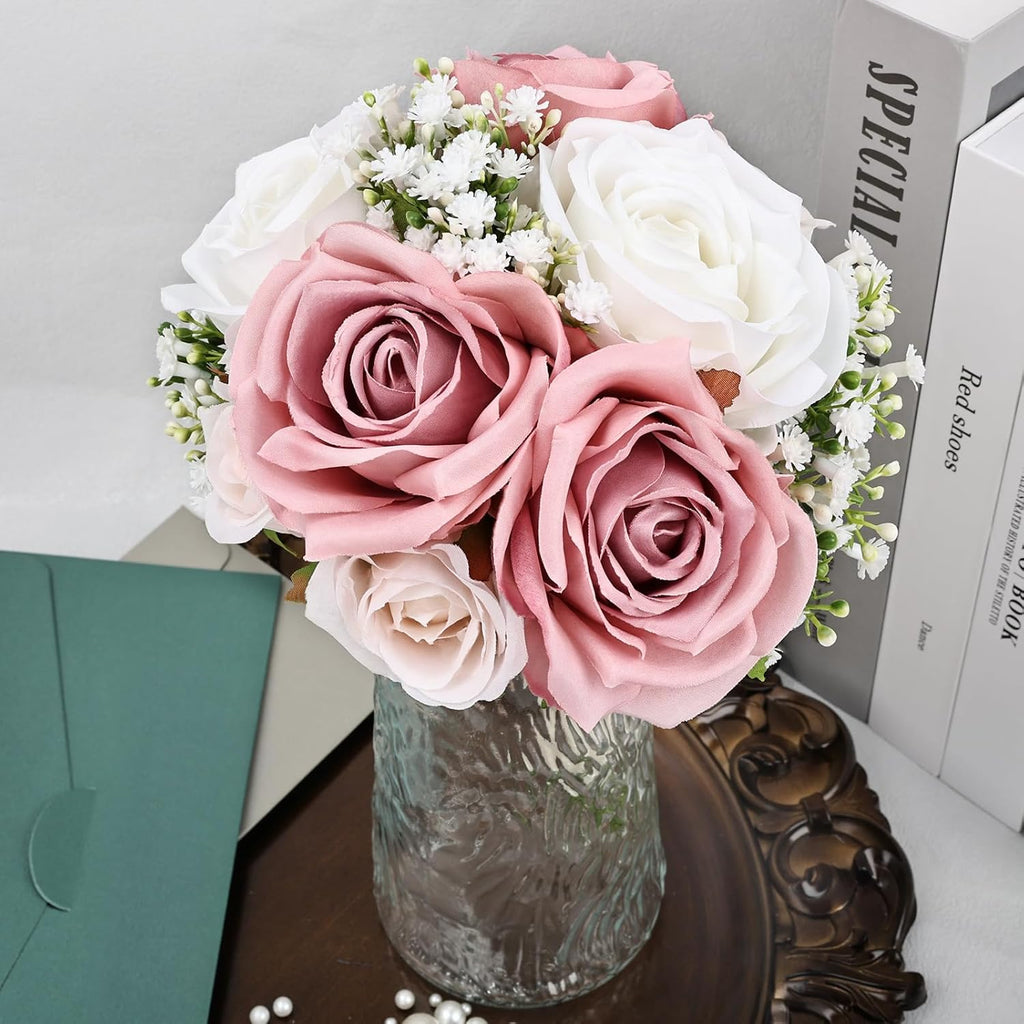 Wedding Bridesmaid Bouquets Set of 6, Artificial Silk Flowers Arrangement for Ceremony Marriage Proposal Party Anniversary Decorations - Dusty Pink & White