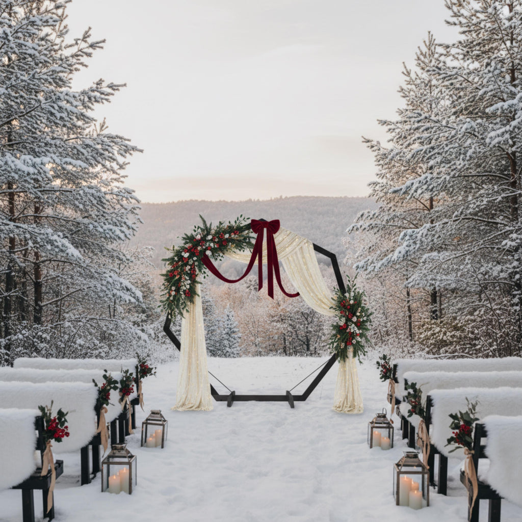 wooden wedding arch styled for a winter wedding with holiday decor