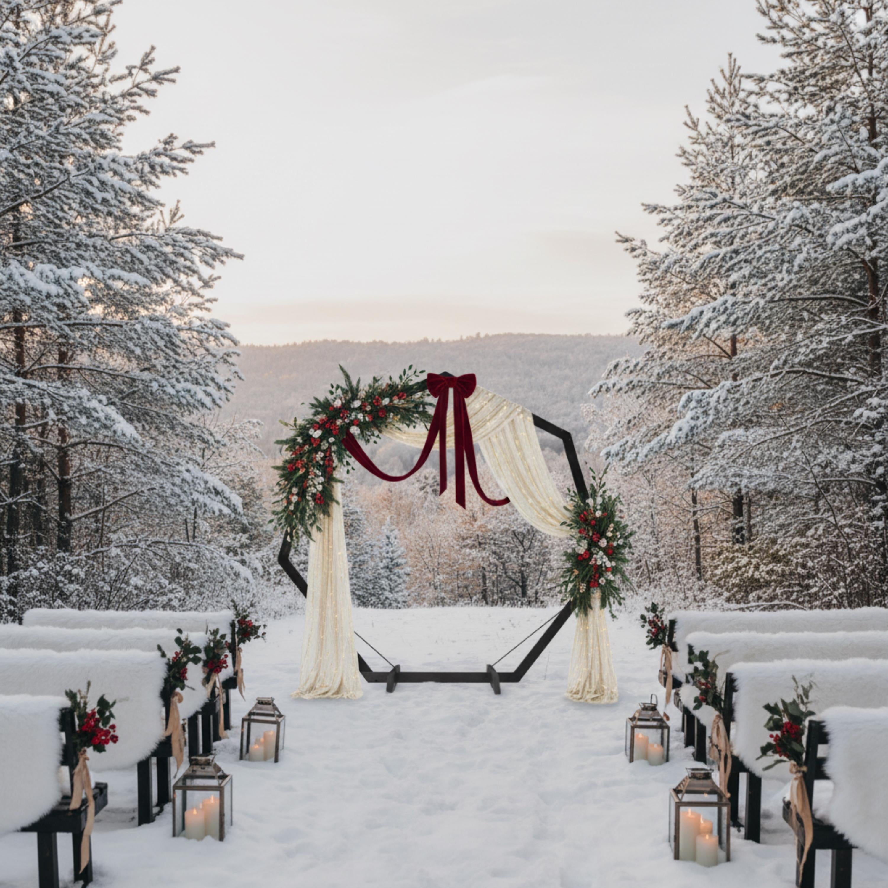 wooden wedding arch styled for a winter wedding with holiday decor