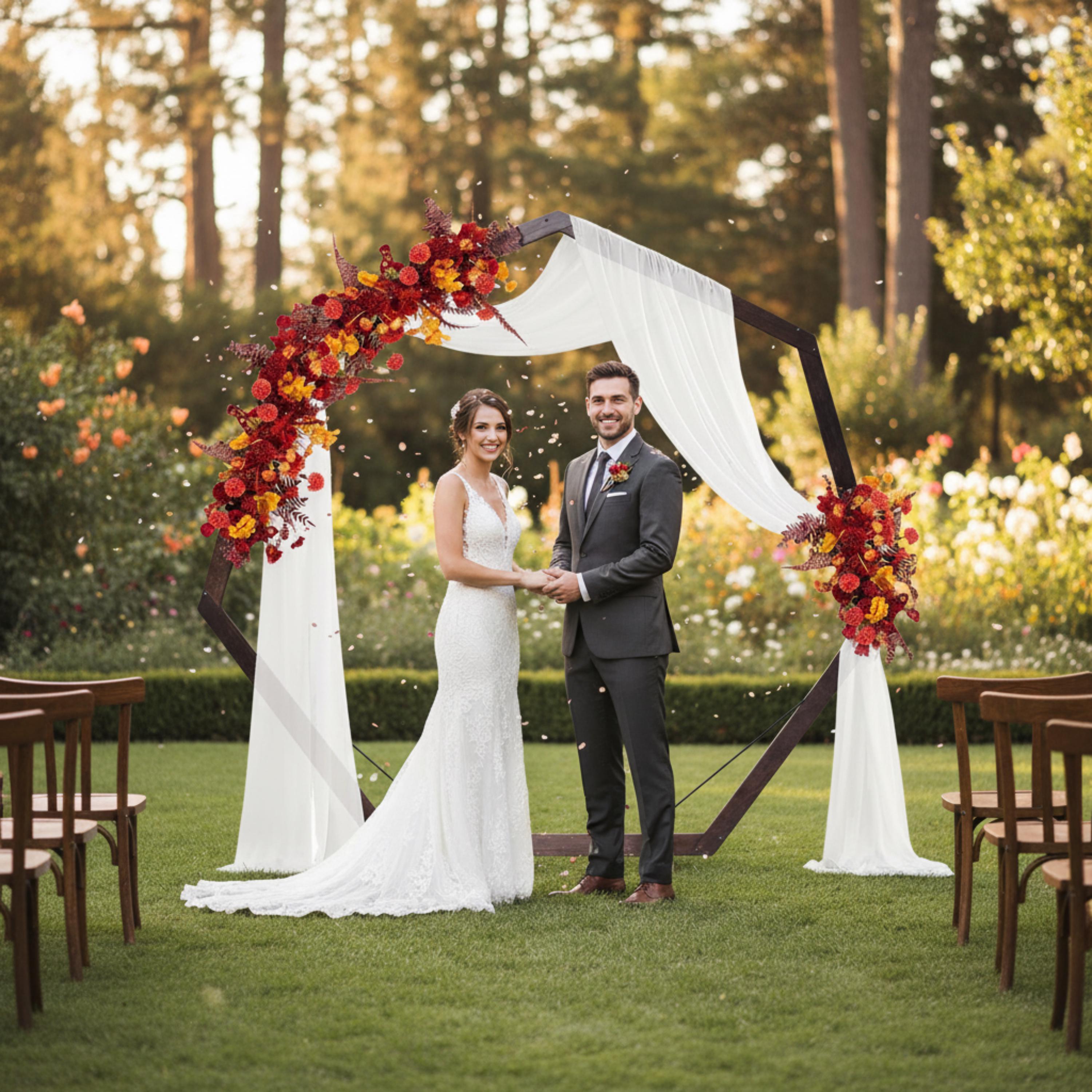 dark brown heptagon wedding arch styled with fall flowers