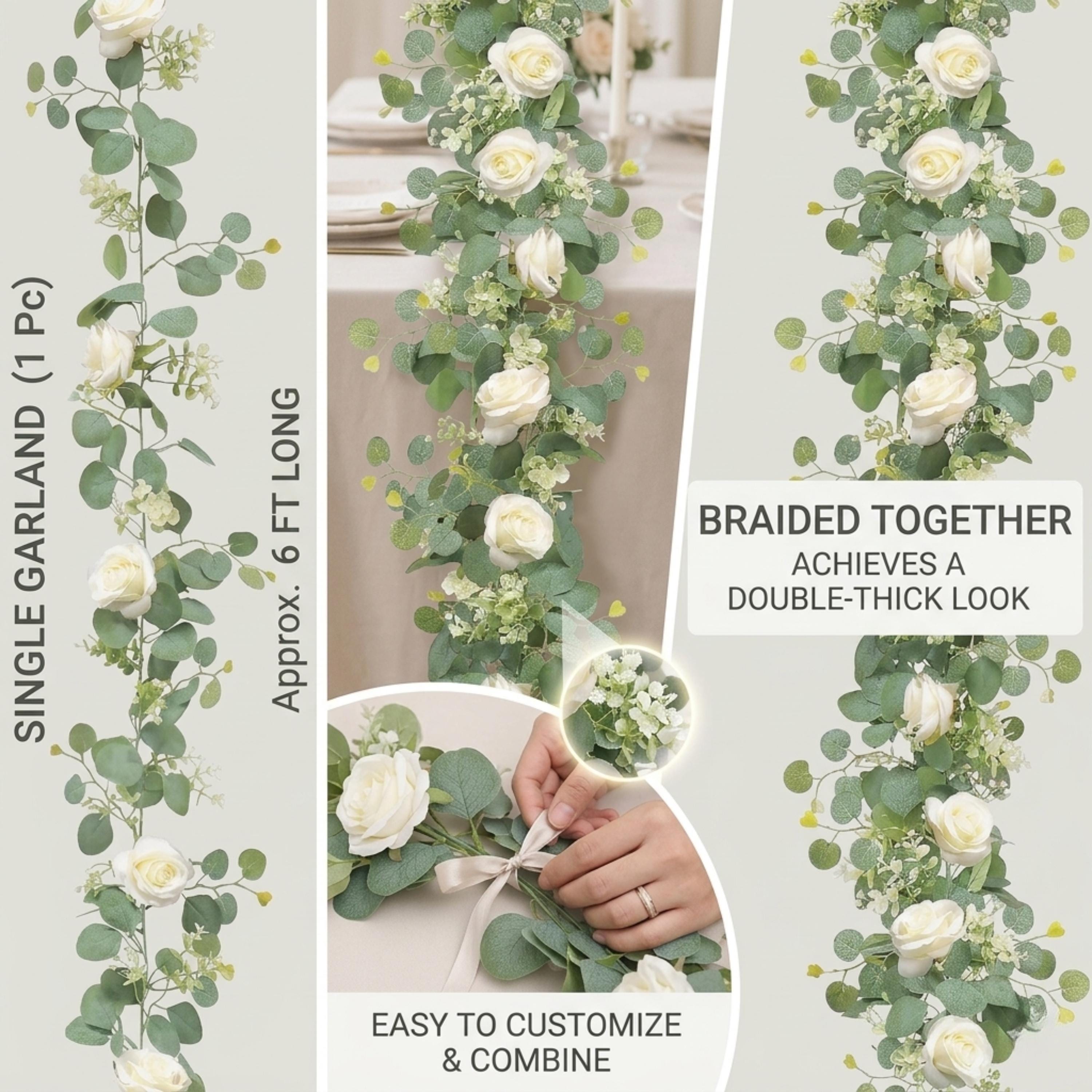 Faux eucalyptus greenery garland with white floral accents for wedding arches and reception tables