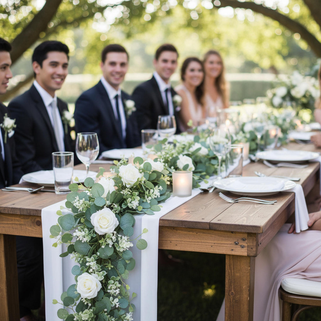 Wedding reception table decorated with faux eucalyptus garland and white flowers