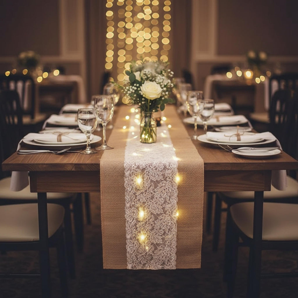 Console Table Runner | Burlap Lace Table Runner with LED Lights 