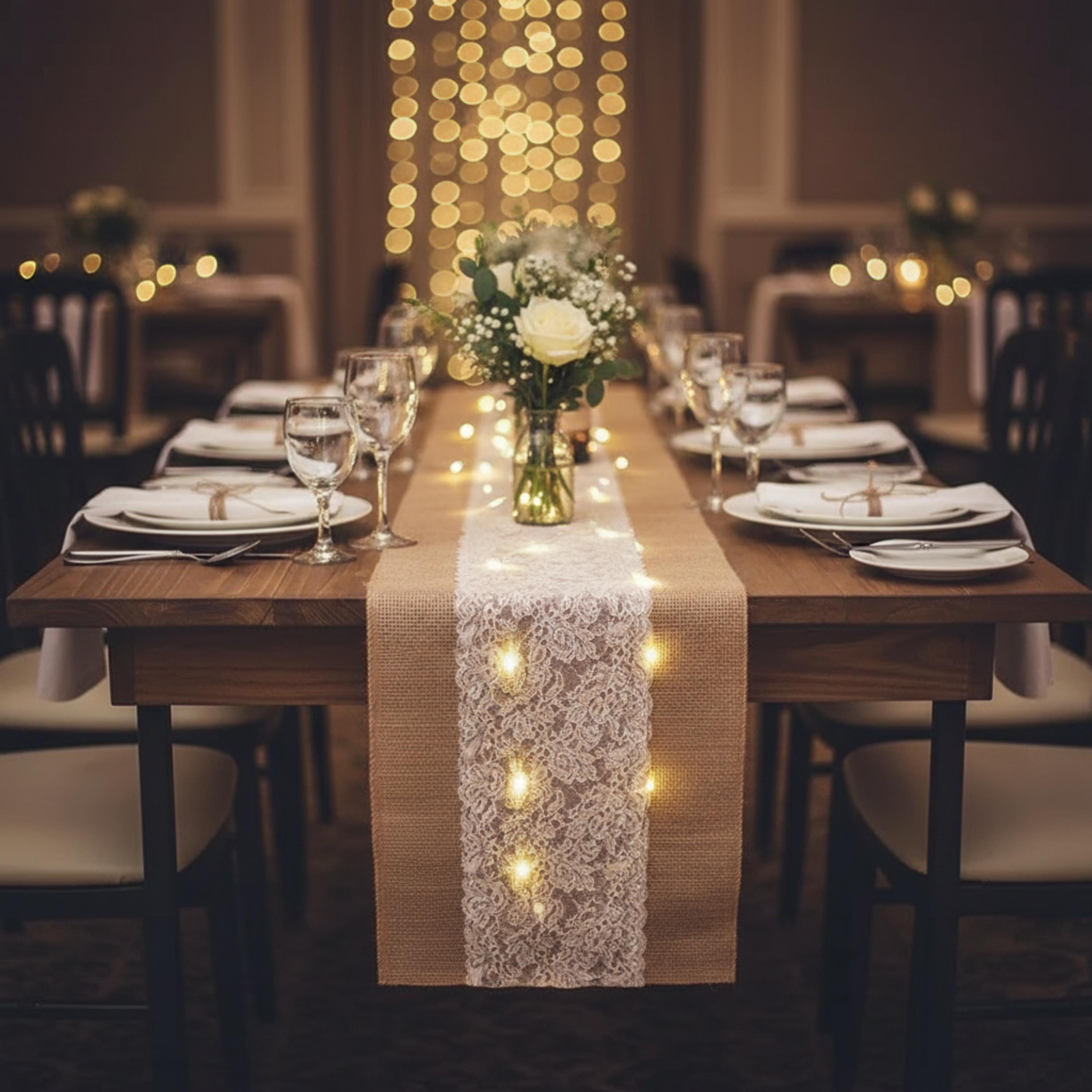 Console Table Runner | Burlap Lace Table Runner with LED Lights 