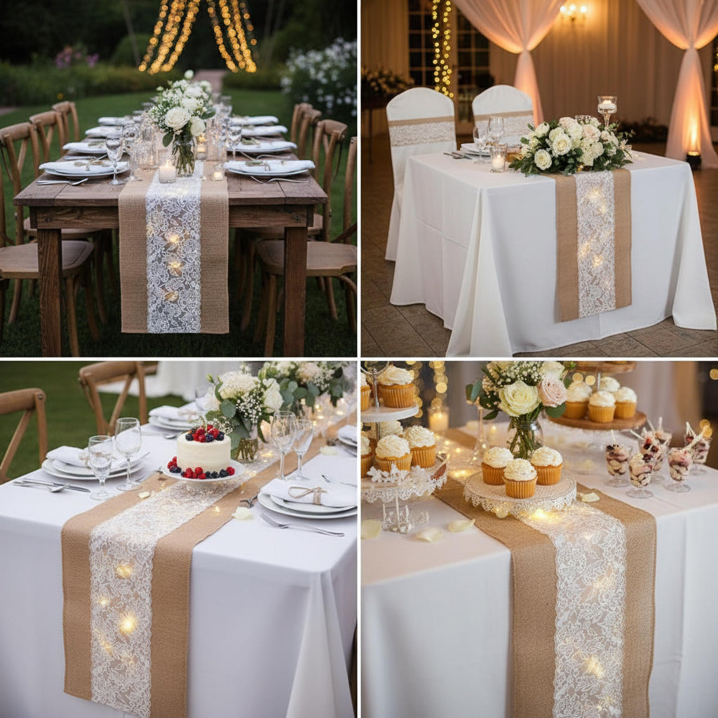 Console Table Runner | Burlap Lace Table Runner with LED Lights 