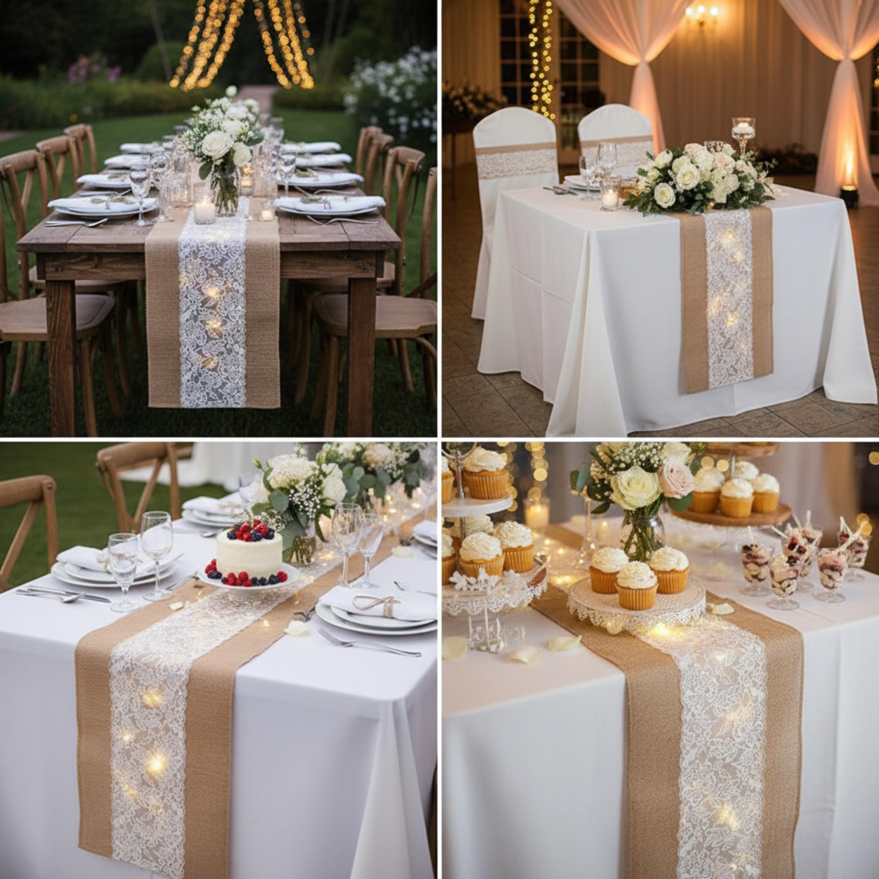 Console Table Runner | Burlap Lace Table Runner with LED Lights 