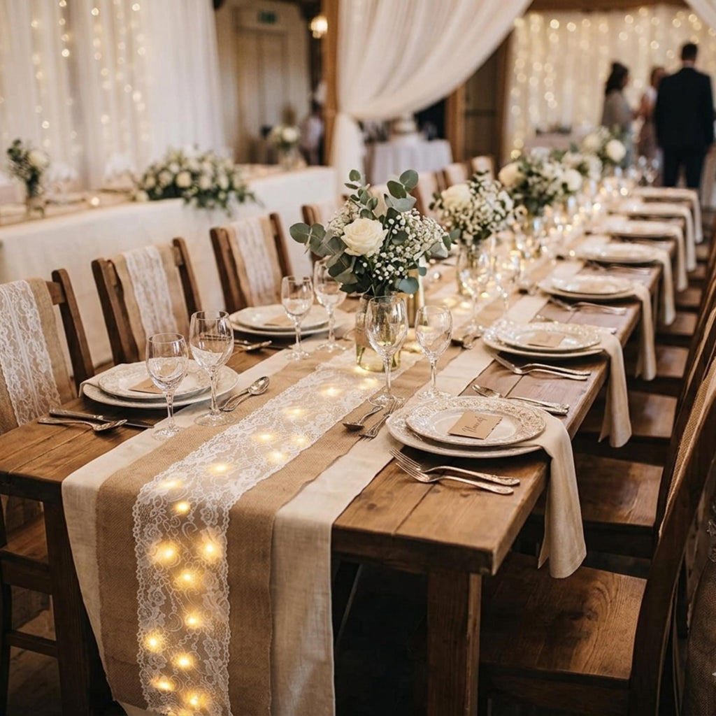 Console Table Runner | Burlap Lace Table Runner with LED Lights 