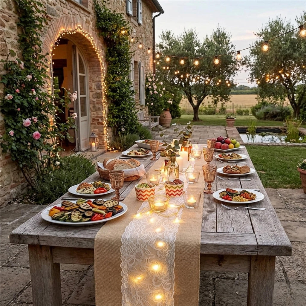 Console Table Runner | Burlap Lace Table Runner with LED Lights 
