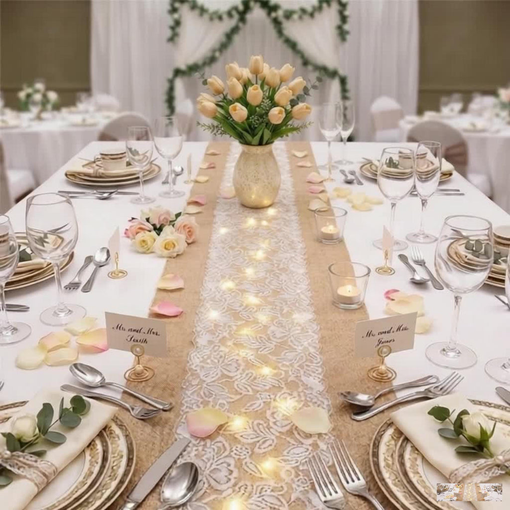 Console Table Runner | Burlap Lace Table Runner with LED Lights 