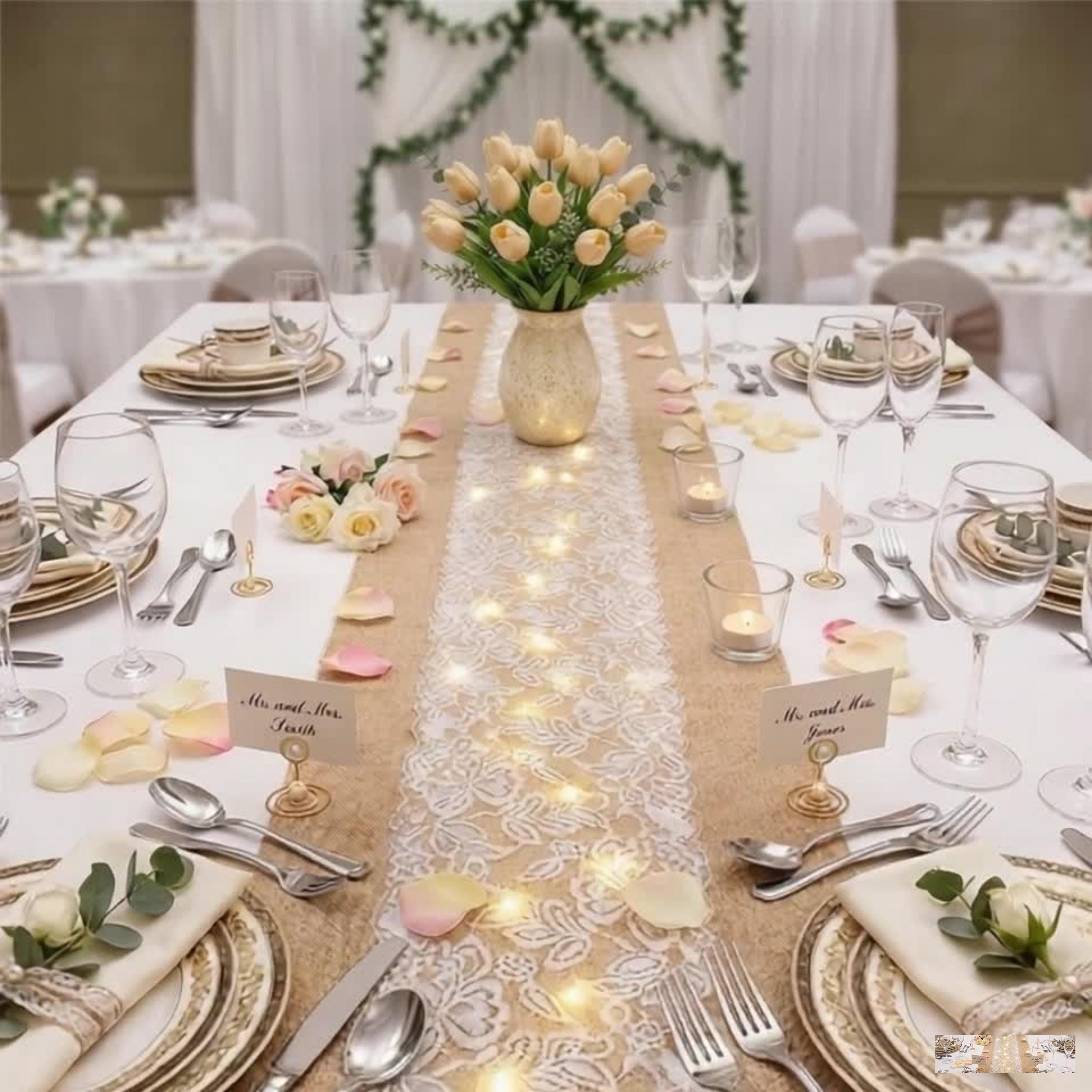 Console Table Runner | Burlap Lace Table Runner with LED Lights 