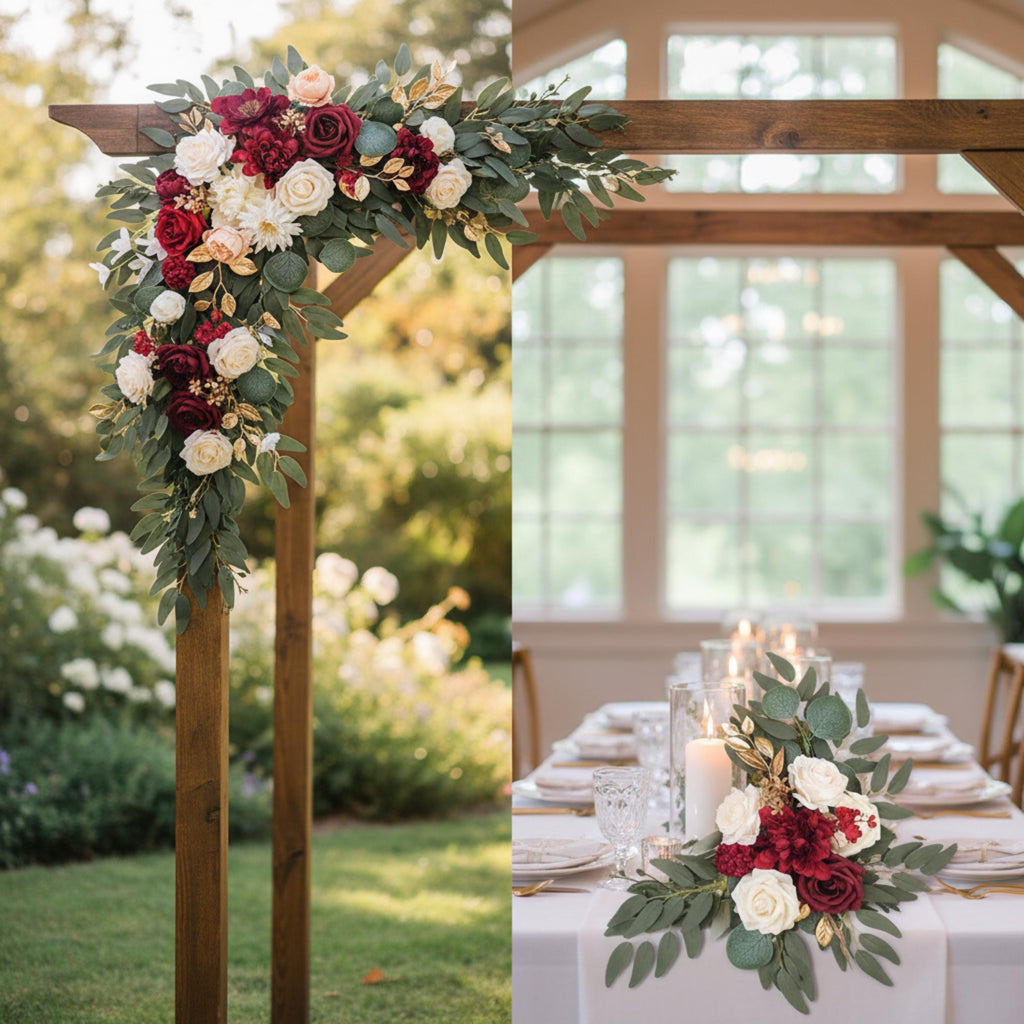 Wedding Corner Swag Set of 2 | Wedding Arch Swag Silk Roses | Floral Tiebacks | White Blush Navy Burgundy Purple Blue | Ceremony Arch Flower