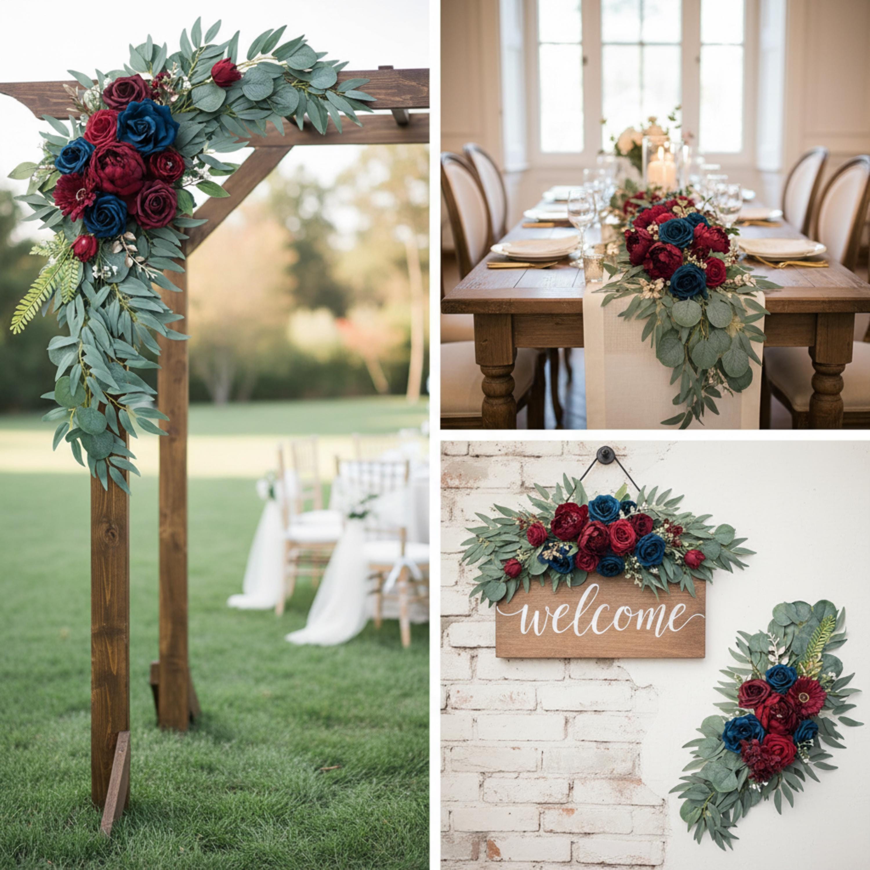 Wedding Corner Swag Set of 2 | Wedding Arch Swag Silk Roses | Floral Tiebacks | White Blush Navy Burgundy Purple Blue | Ceremony Arch Flower
