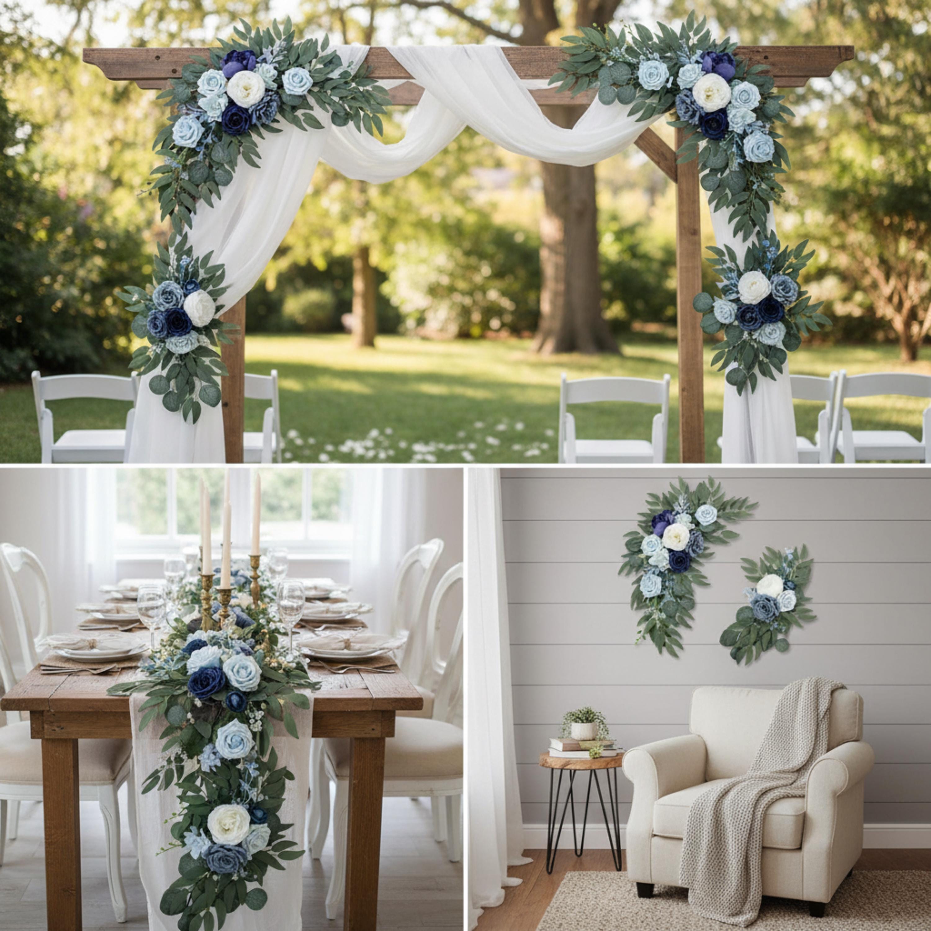 Wedding Corner Swag Set of 2 | Wedding Arch Swag Silk Roses | Floral Tiebacks | White Blush Navy Burgundy Purple Blue | Ceremony Arch Flower