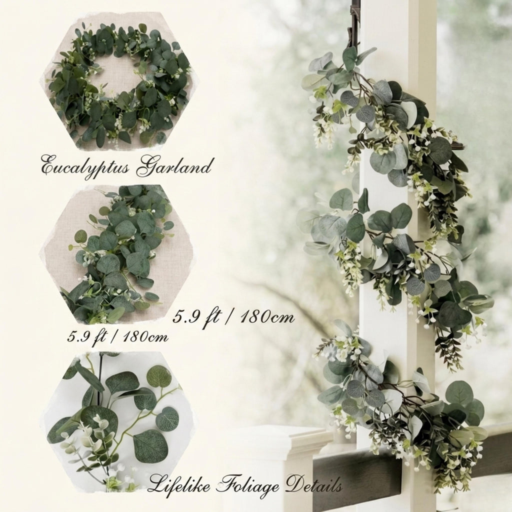 Faux eucalyptus garland with white flower accents for wedding arches, tables, and mantel decor