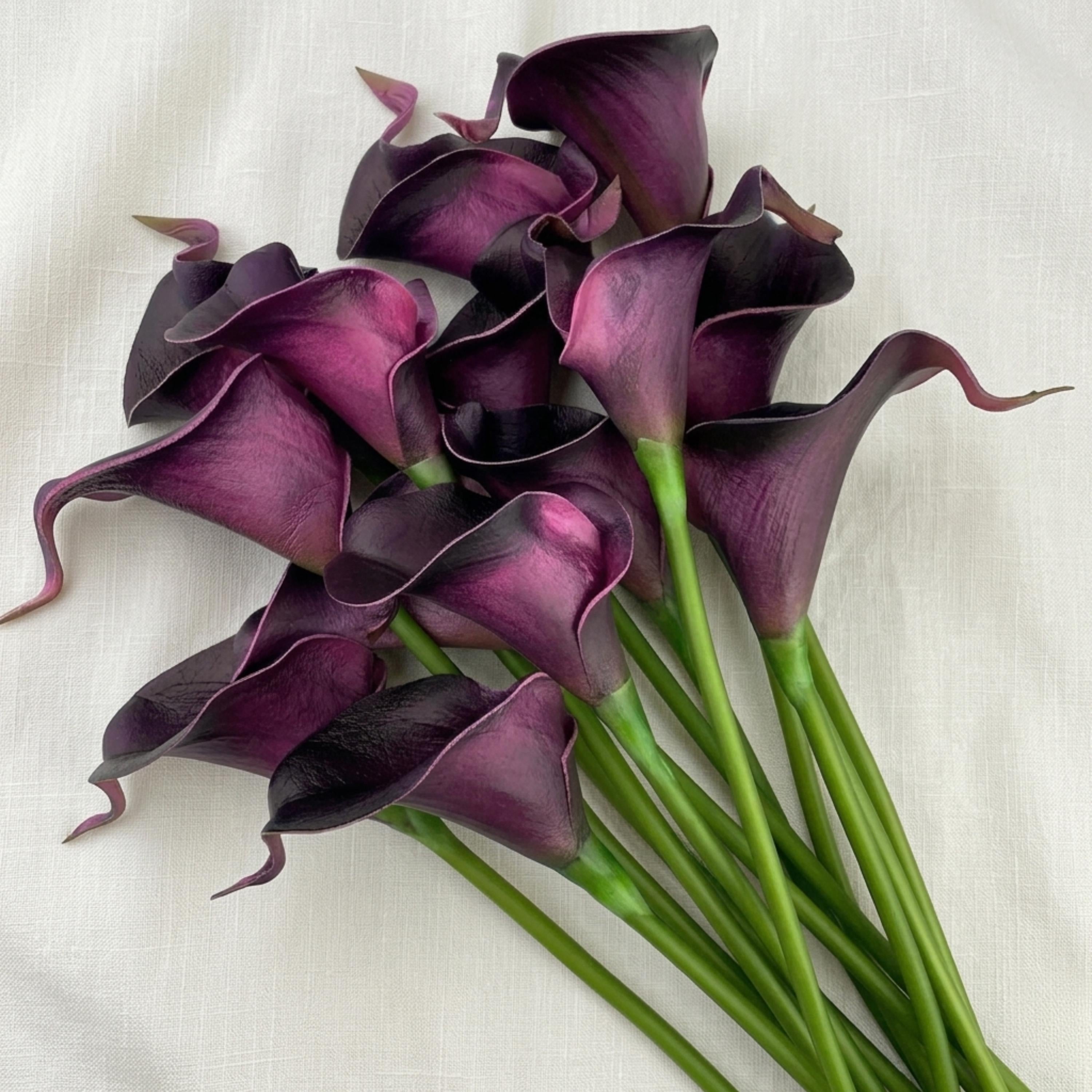Deep purple real touch artificial calla lily stems set of 10 for elegant wedding bouquets and floral arrangements
