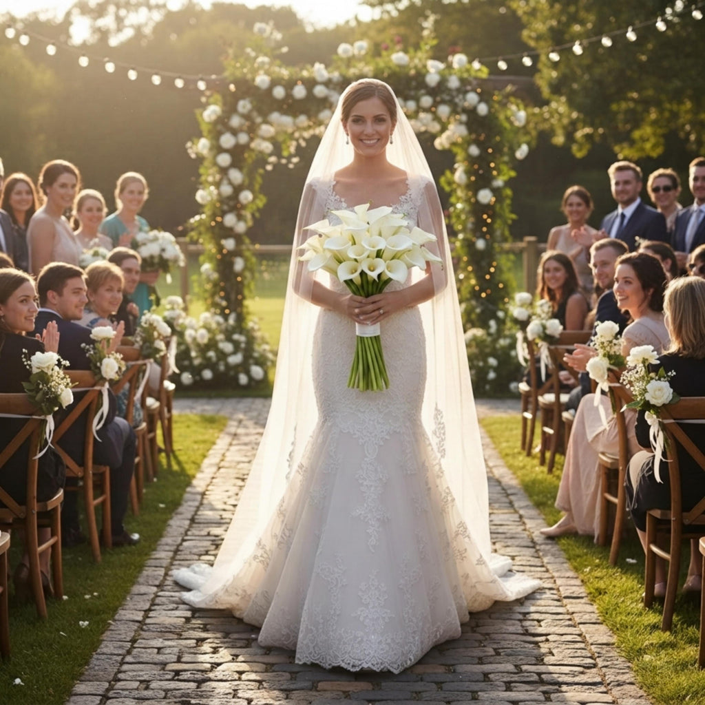 Bride holding artificial calla lily wedding bouquet with elegant real touch floral stems