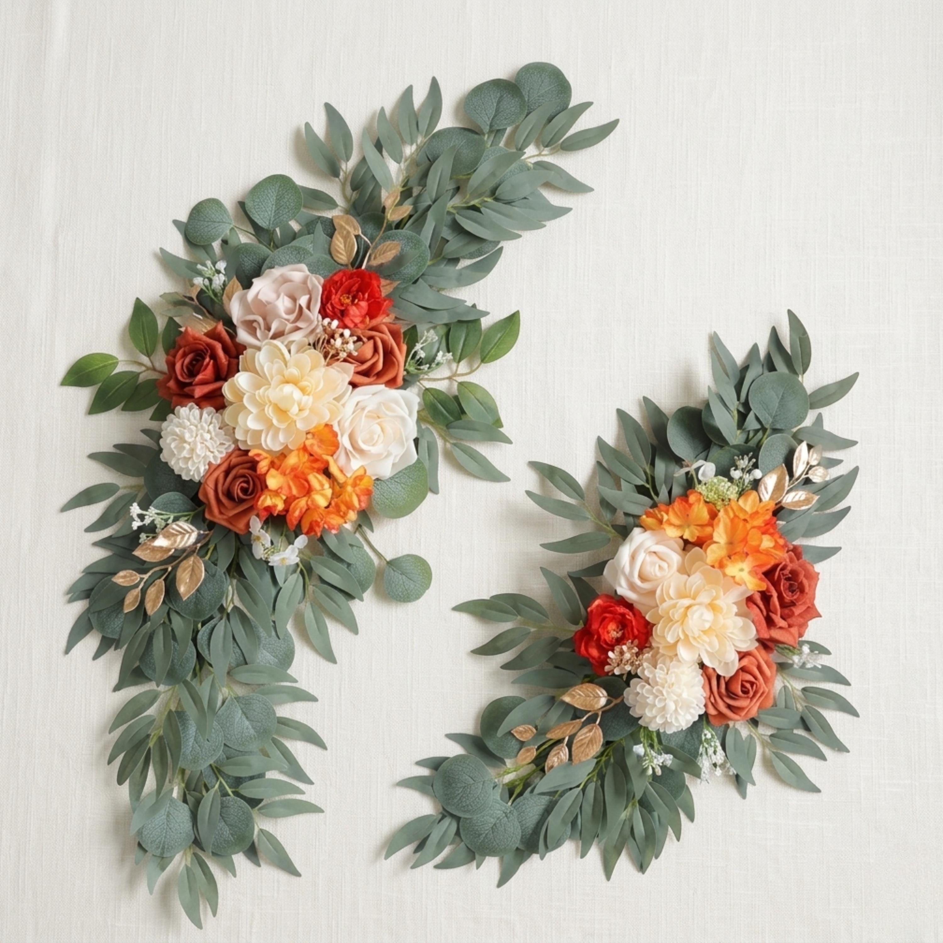 Terracotta wedding arch flowers set of 2 with eucalyptus greenery and rust orange blooms

