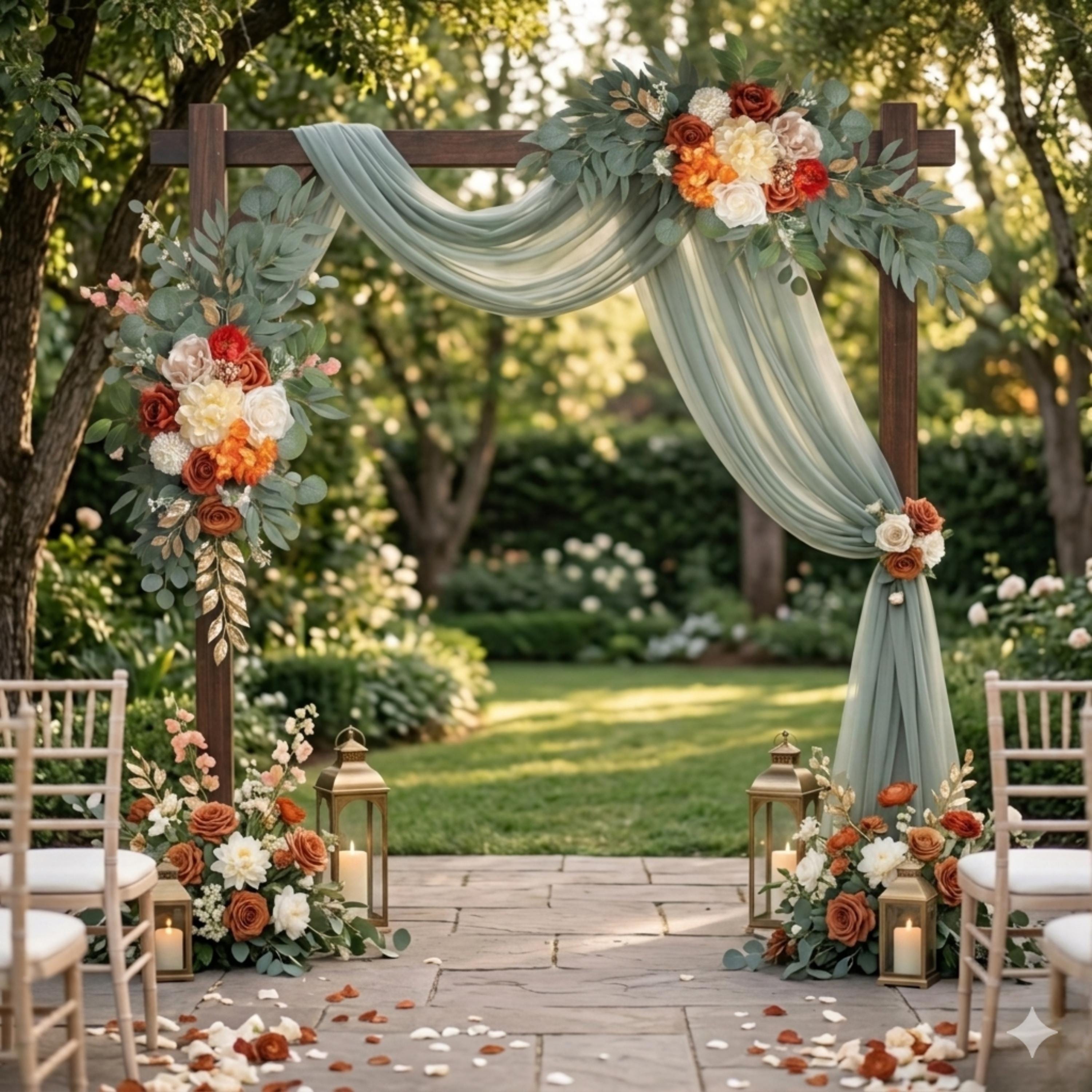Terracotta artificial flowers styled on a wedding arch for boho ceremony decor