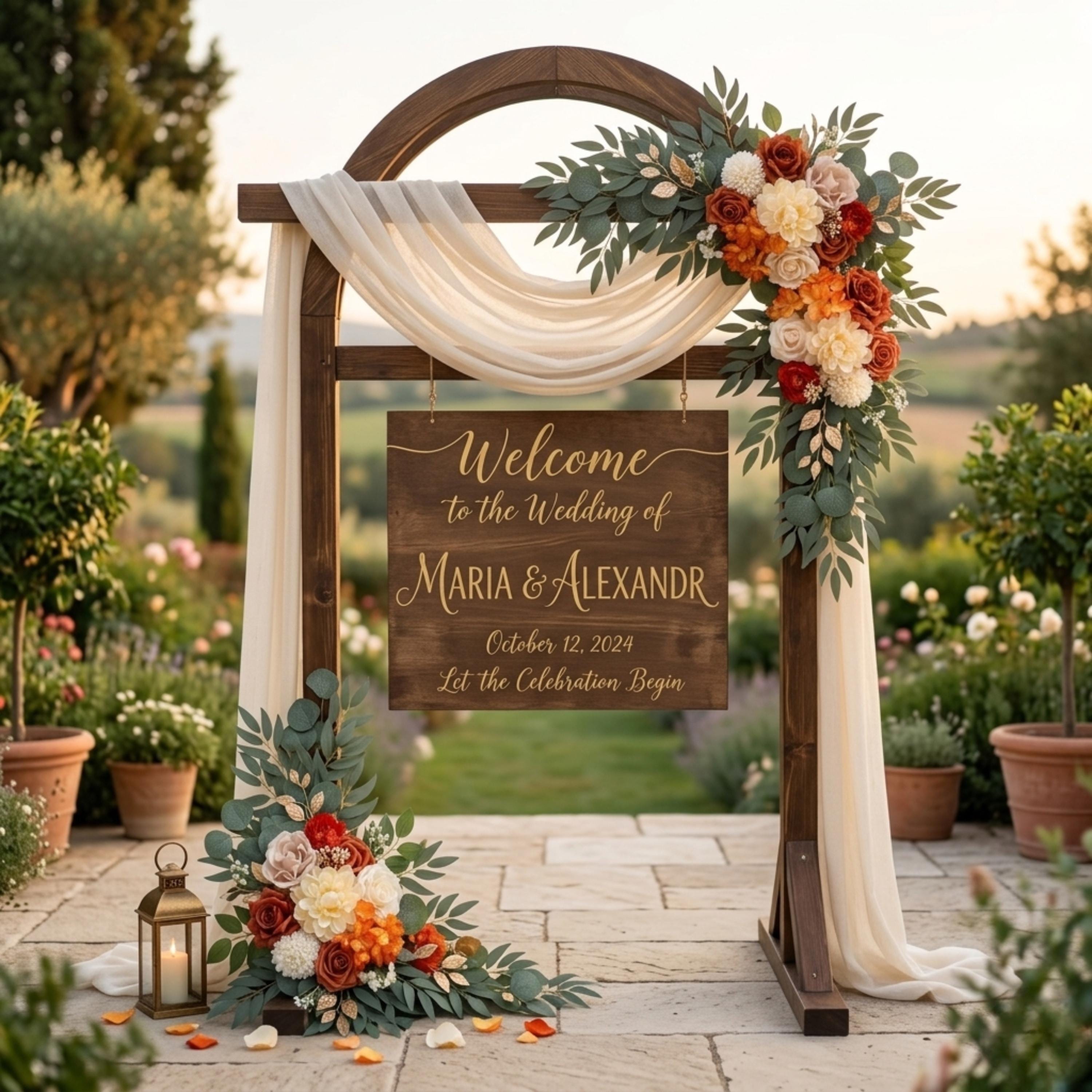 Terracotta artificial flowers styled on a wedding arch for boho ceremony decor