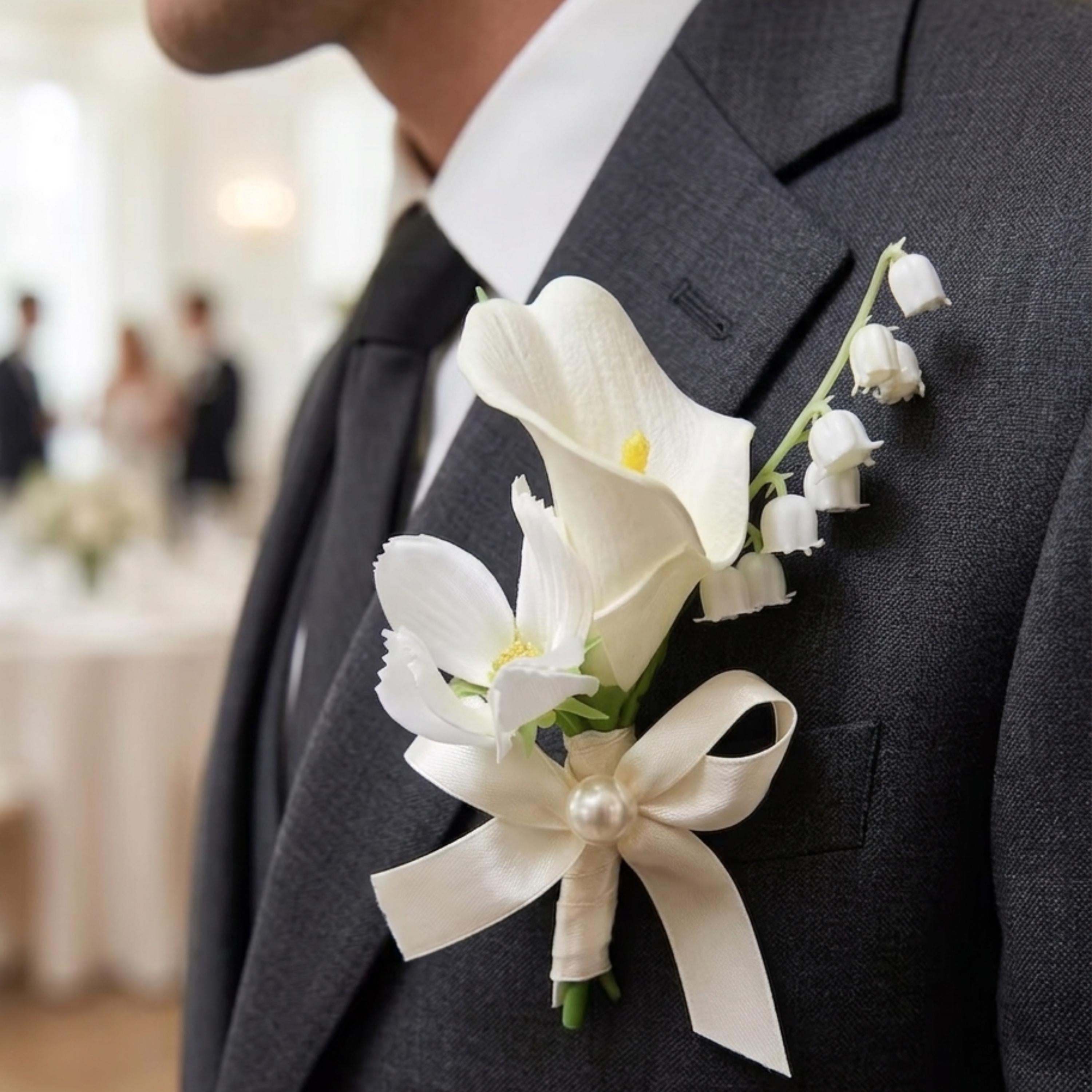 White calla lily groom boutonniere for matching wedding floral accessory