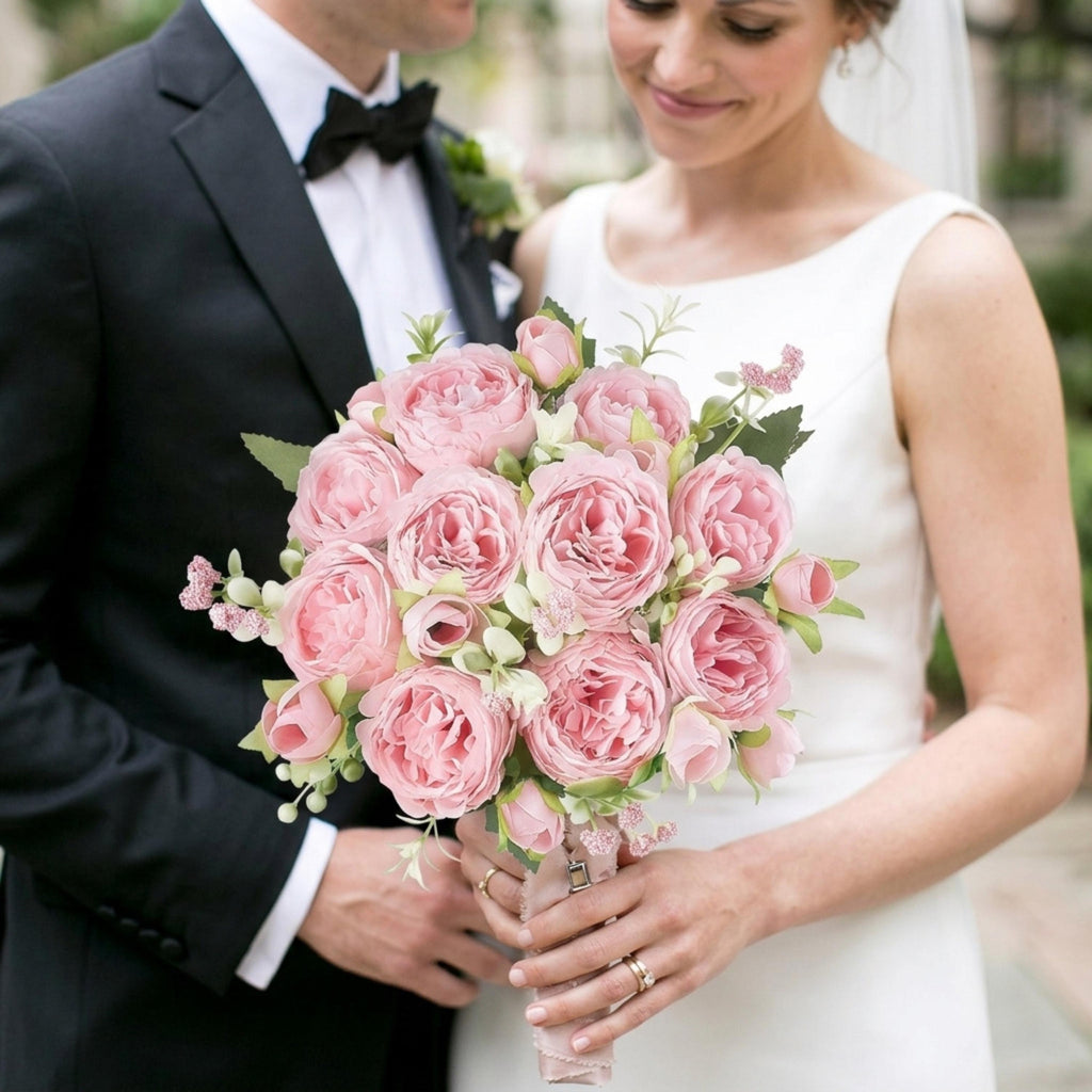 Pink Peony Bouquet, Artificial Silk Flowers 