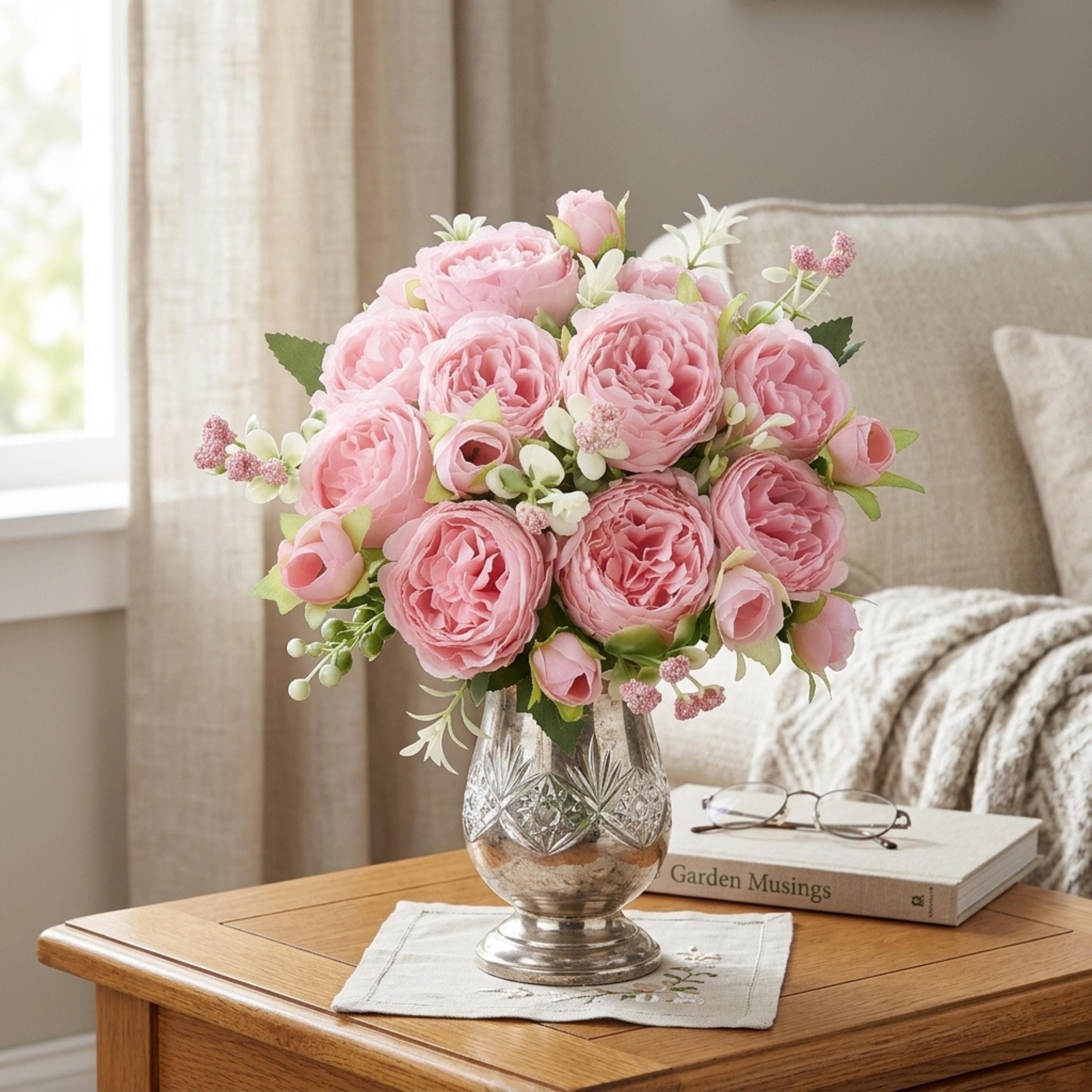 Pink Peony Bouquet, Artificial Silk Flowers 