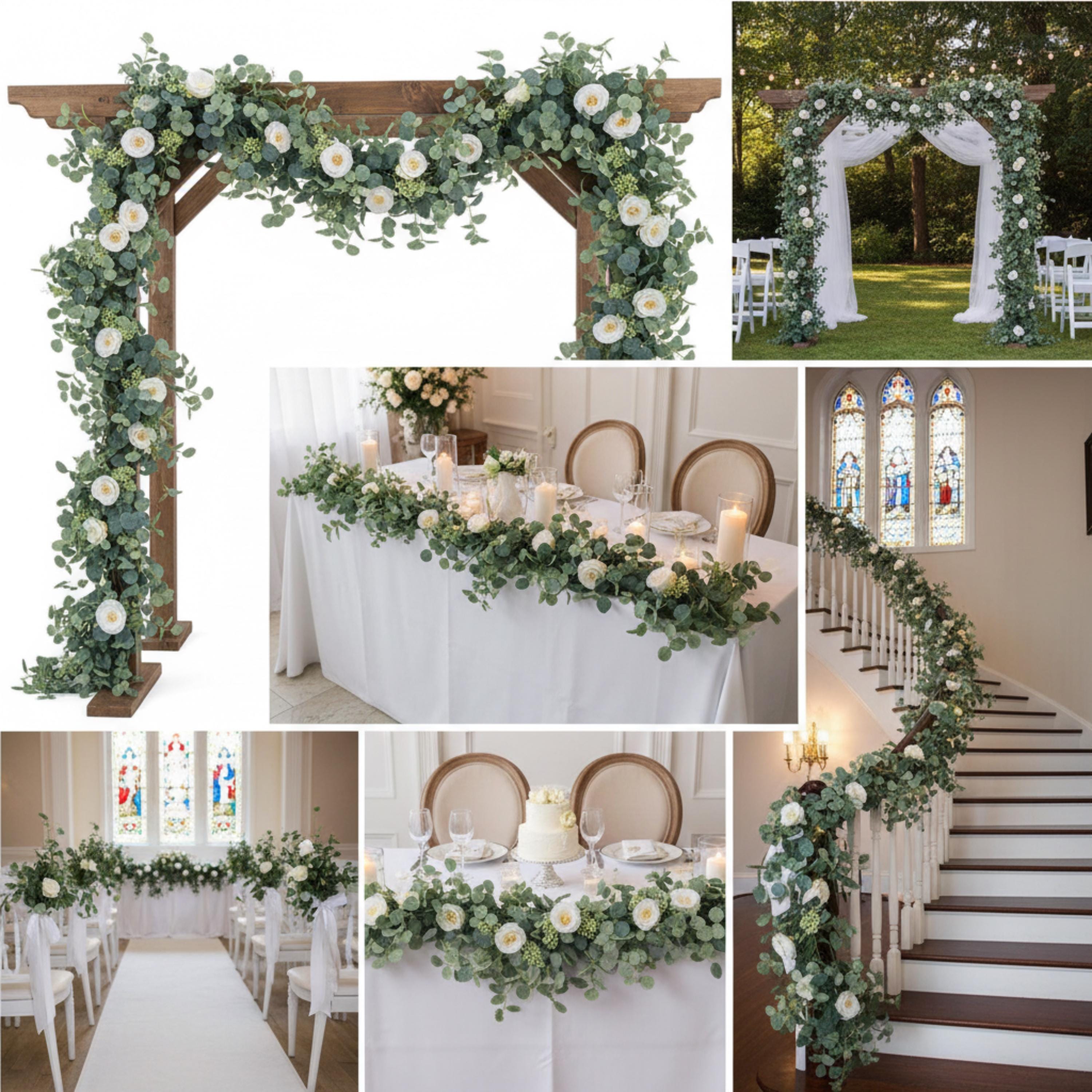 Faux eucalyptus garland styled on wedding arches, stair railings, and ceremony backdrops