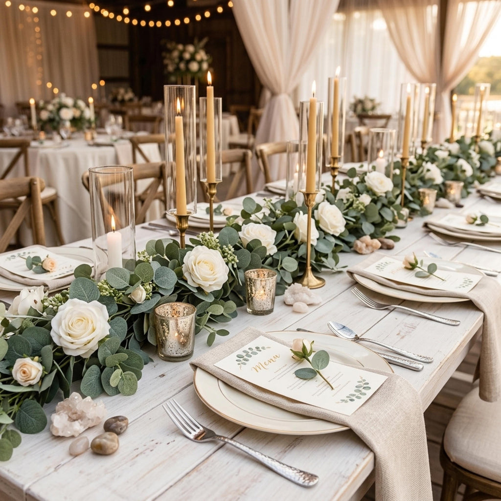 Lush eucalyptus garland table runner for romantic wedding reception decor
